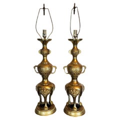 James Mont Style Foo Dog Chinoiserie Brass Lamps Vintage Pair