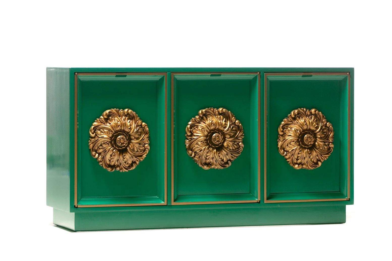 James Mont Style Hollywood Regency Green Lacquered Credenza with Gold Medallions 4
