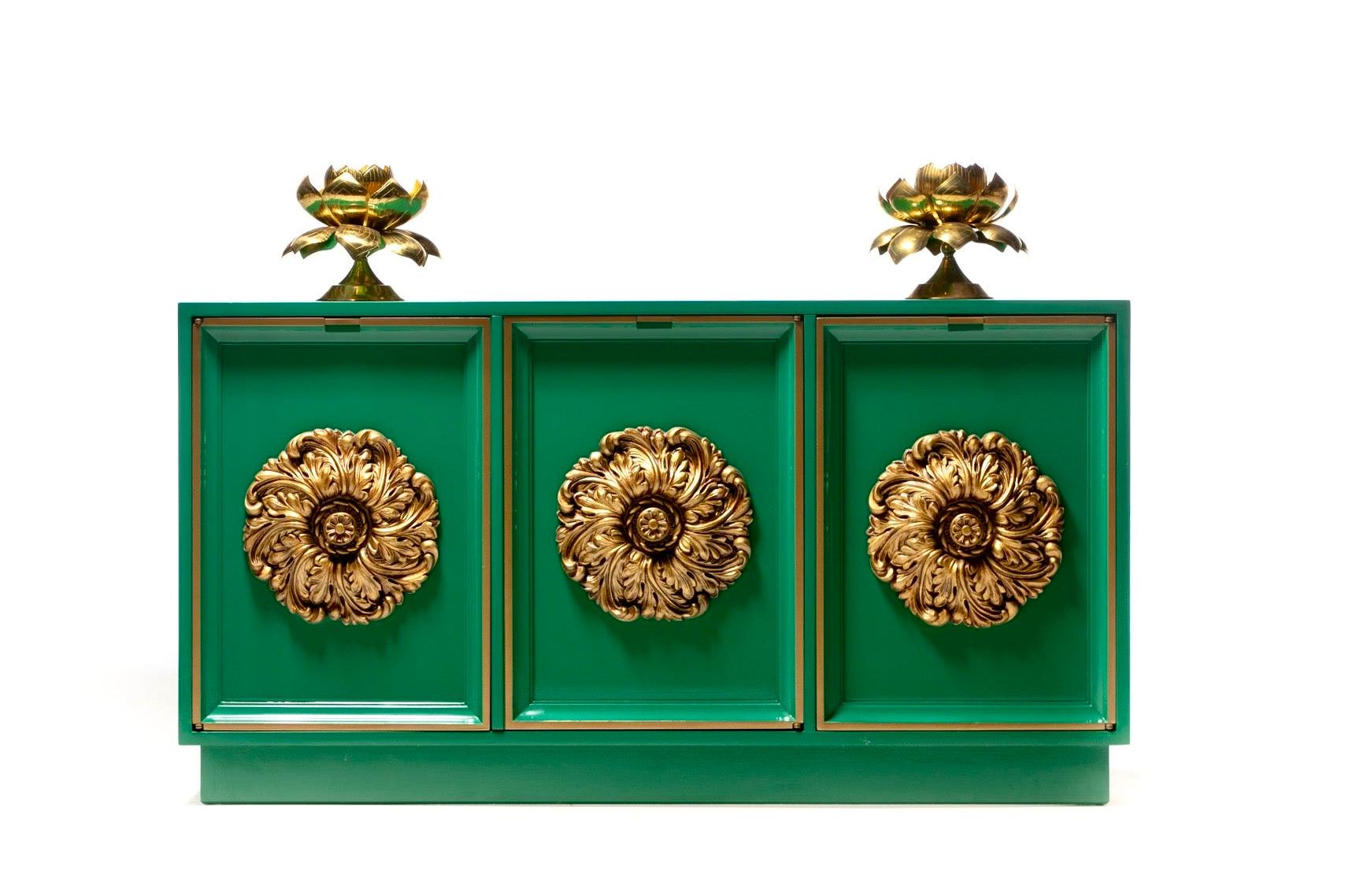 Mid-20th Century James Mont Style Hollywood Regency Green Lacquered Credenza with Gold Medallions