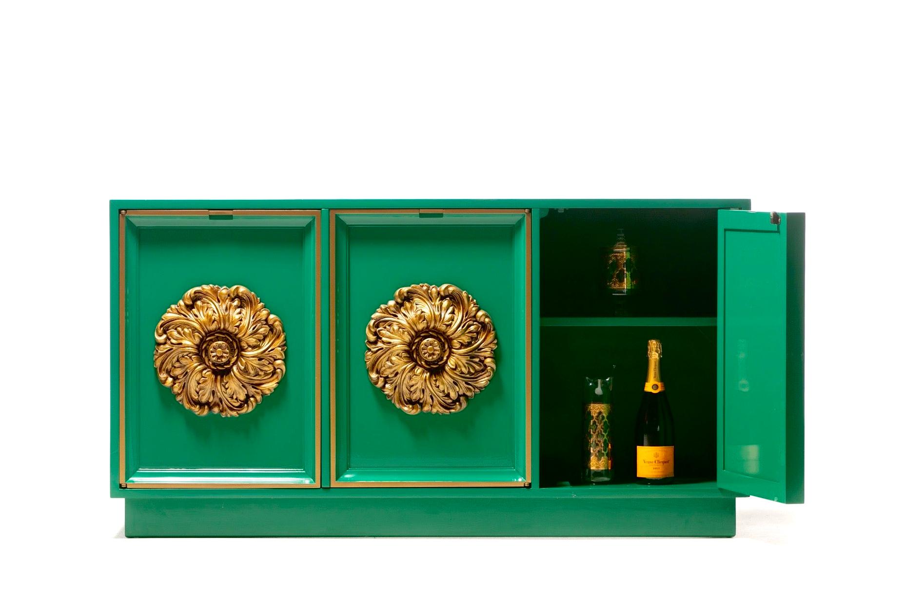 Giltwood James Mont Style Hollywood Regency Green Lacquered Credenza with Gold Medallions