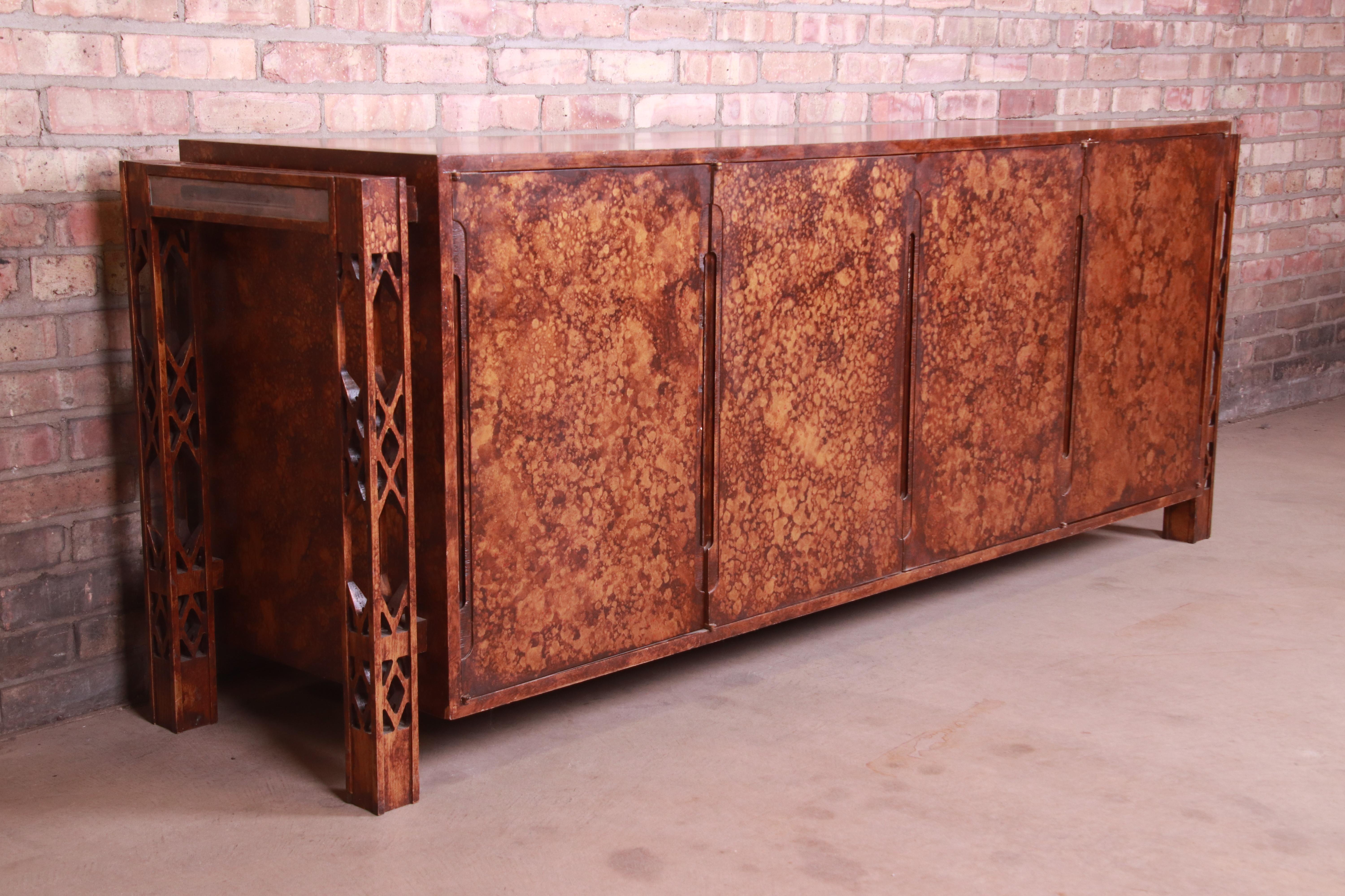 Glass James Mont Style Mid-Century Faux Copper Sideboard Credenza or Bar Cabinet