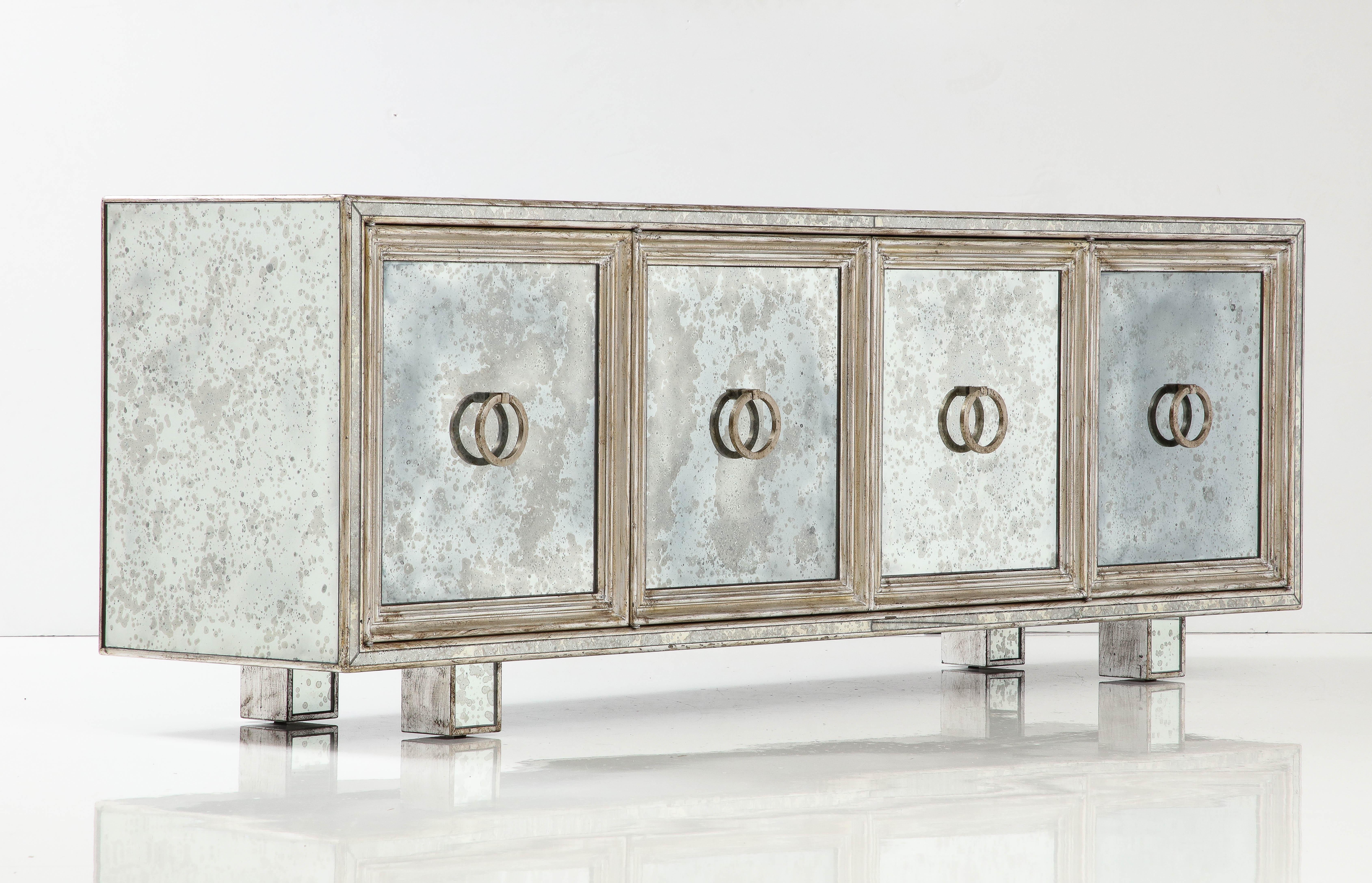 American James Mont Style Mirror, Silver-Leaf Credenza For Sale