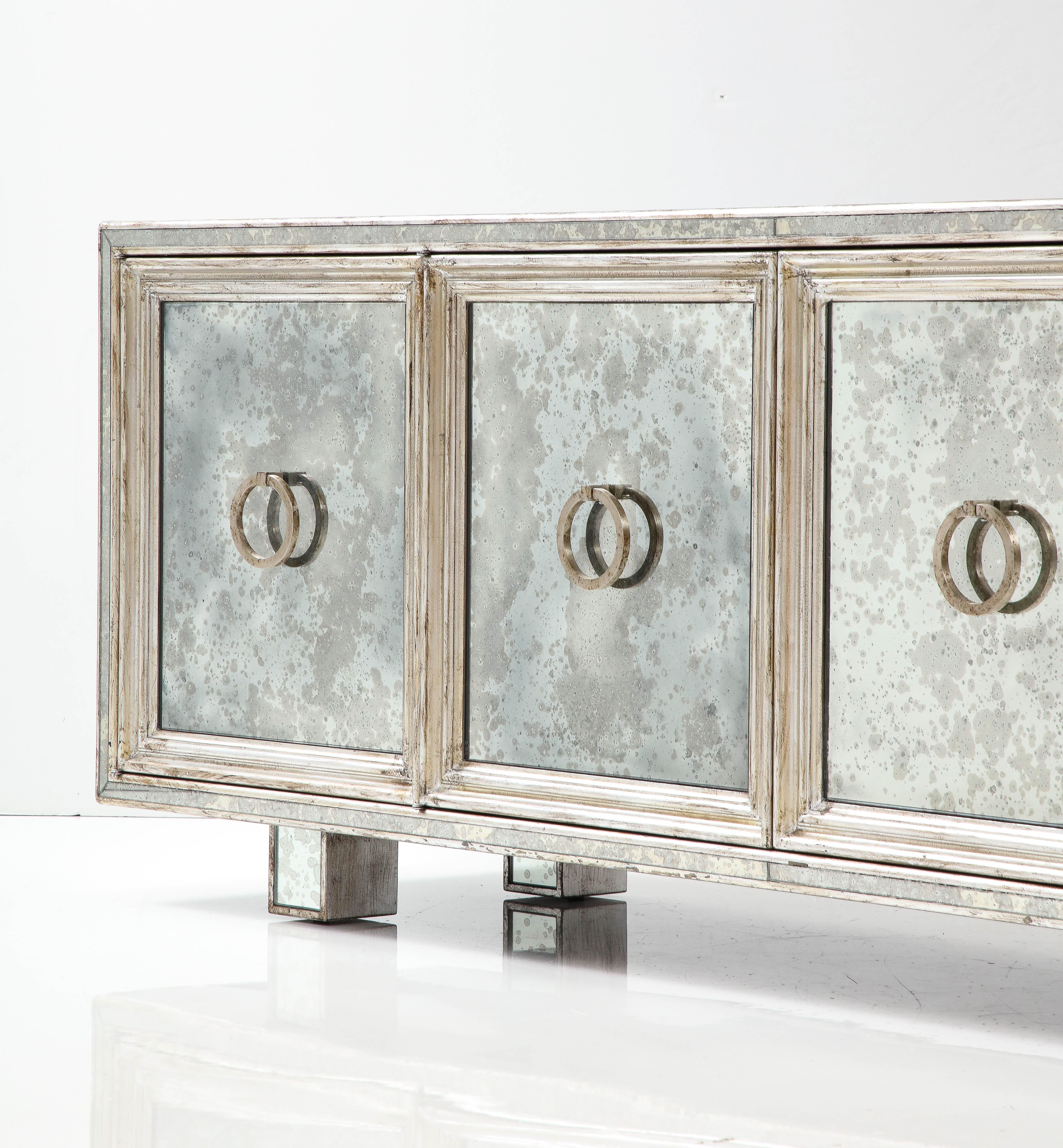 James Mont Style Mirror, Silver-Leaf Credenza In Good Condition For Sale In New York, NY