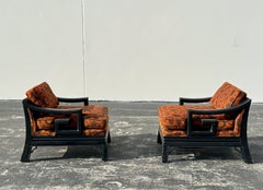 James Mont Style - Pair of Greek Key Arm Chairs w/ Black Frames Asian Influence