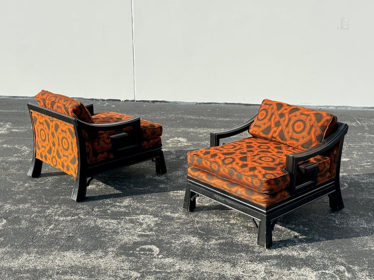 James Mont Style Pair of Greek Key Arm Chairs w/ Black Frames