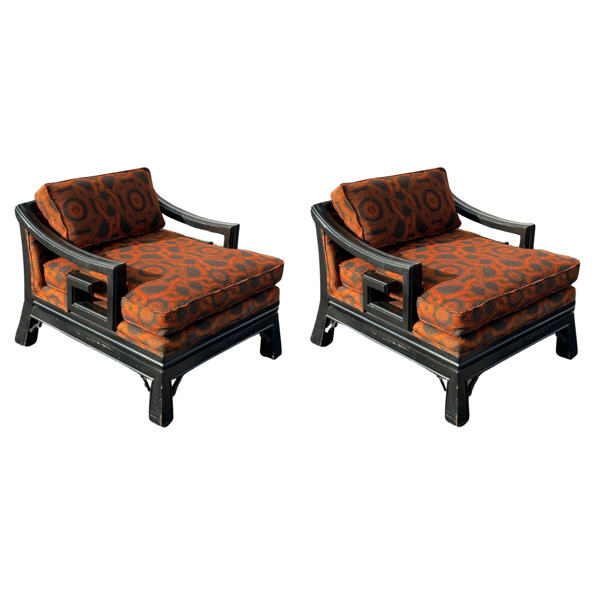 James Mont Style - Pair of Greek Key Arm Chairs w/ Black Frames Asian Influence