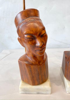 James Mont Style Table Lamps Ceramic Heads on Marble Bases