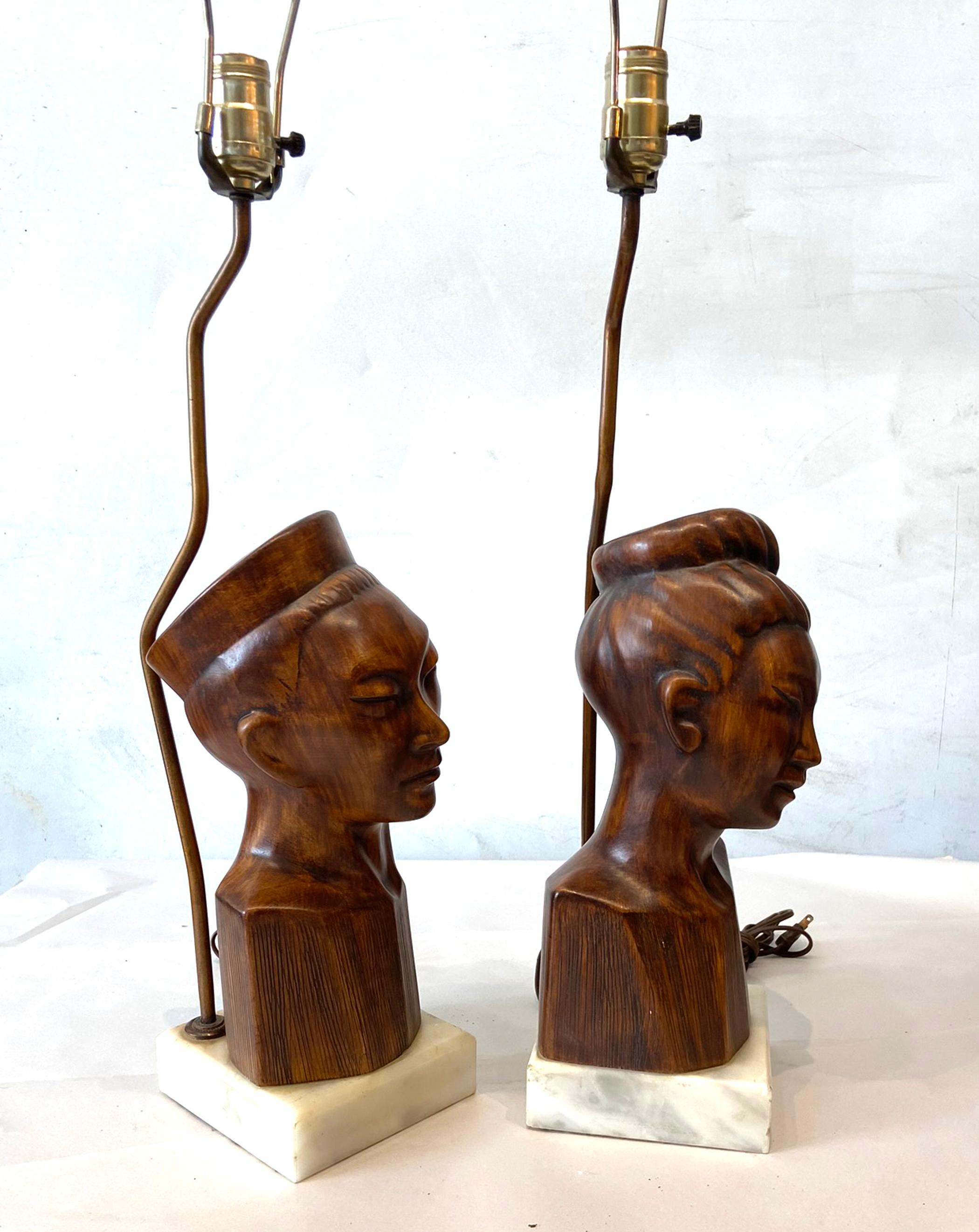 James Mont Style Table Lamps Ceramic Heads on Marble Bases In Good Condition For Sale In West Palm Beach, FL
