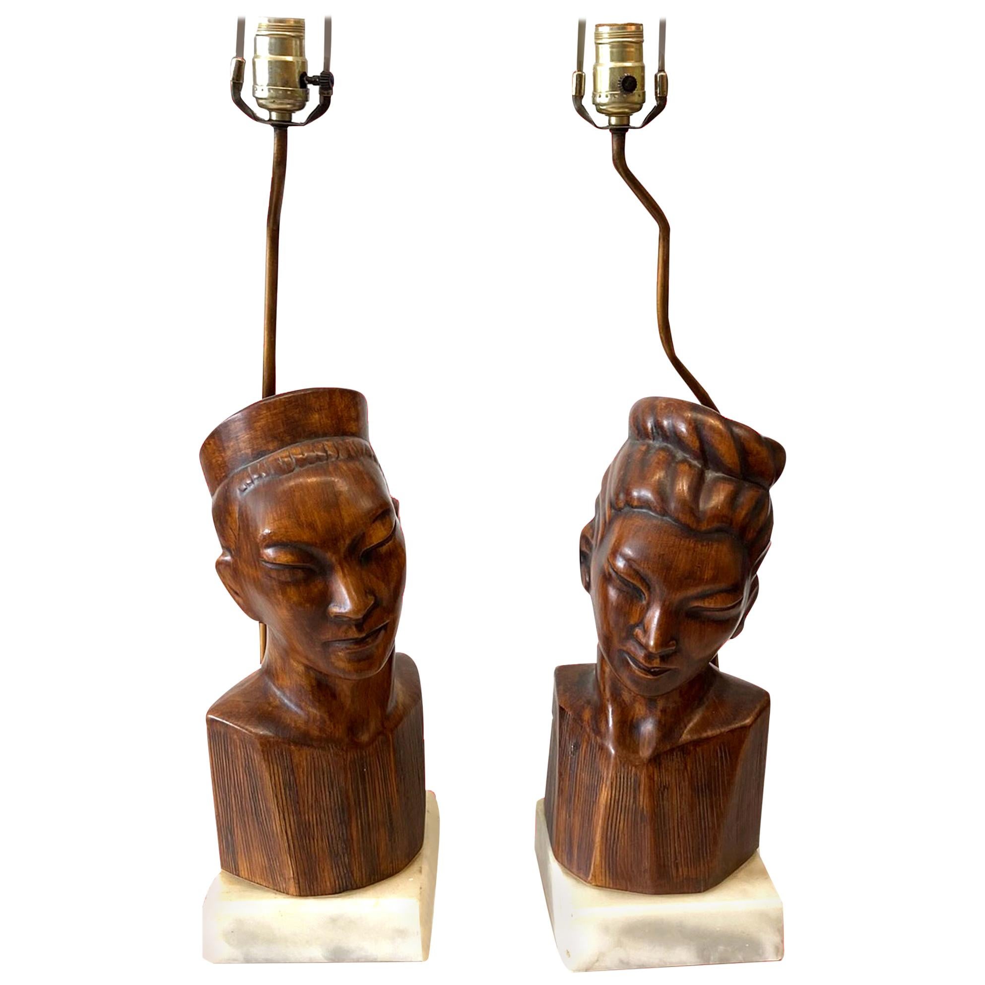 James Mont Style Table Lamps Ceramic Heads on Marble Bases For Sale