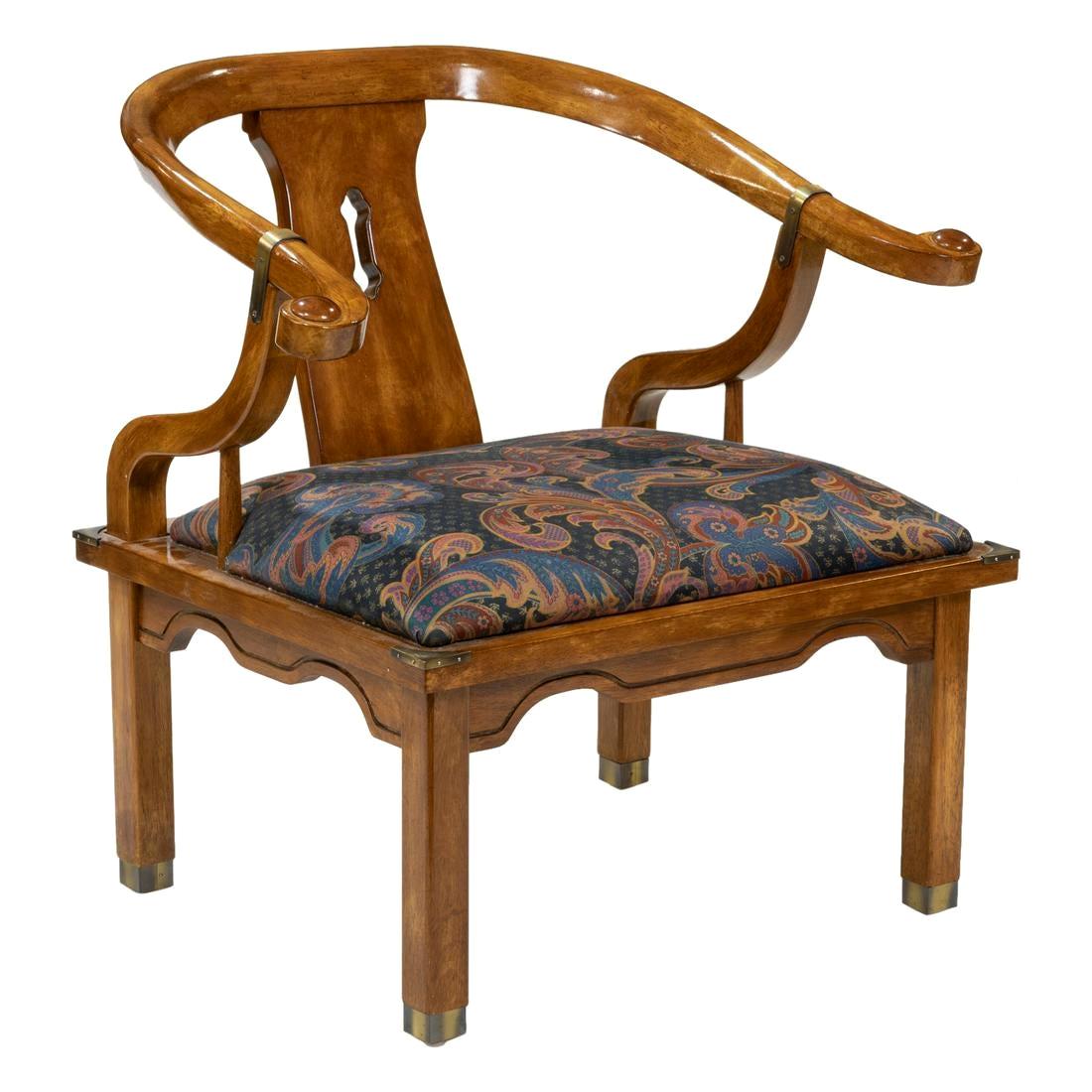 James Mont Style Wood Horseshoe Chair with Brass Fittings