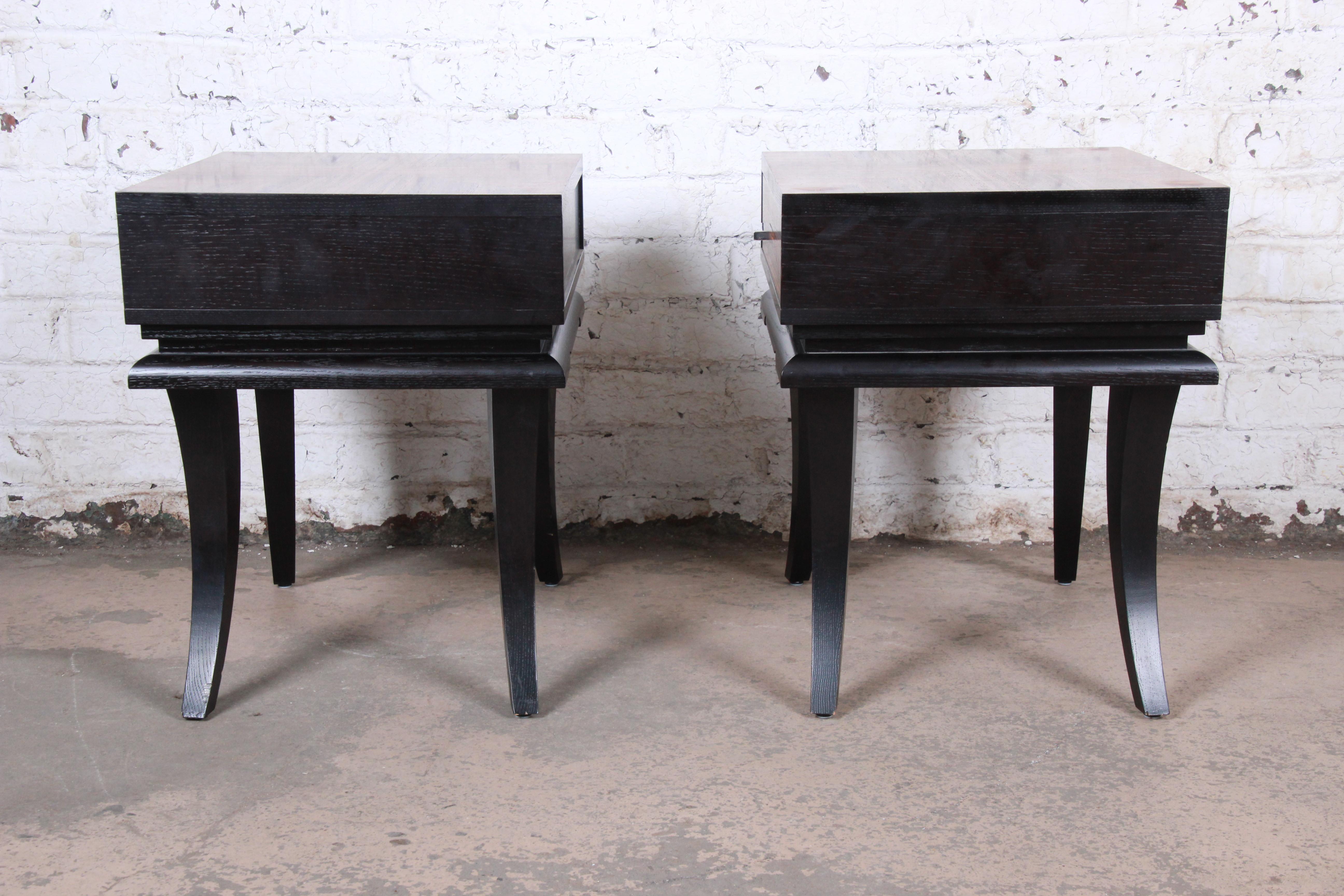 Pair of James Mont Style Zebrawood and Ebonized Saber Leg Nightstands 6