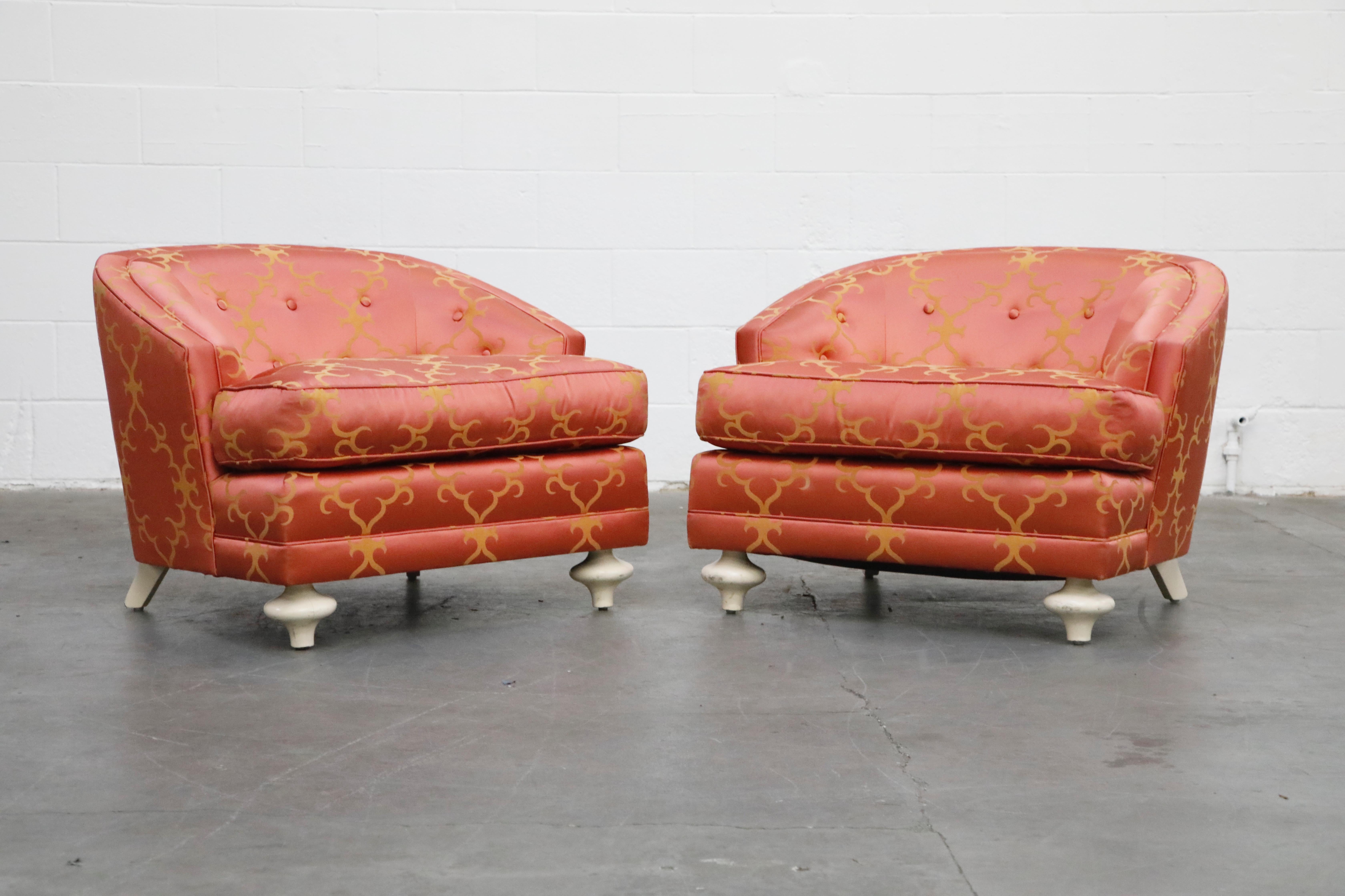 Modern James Mont Styled Pair of Tufted Silk Club Chairs