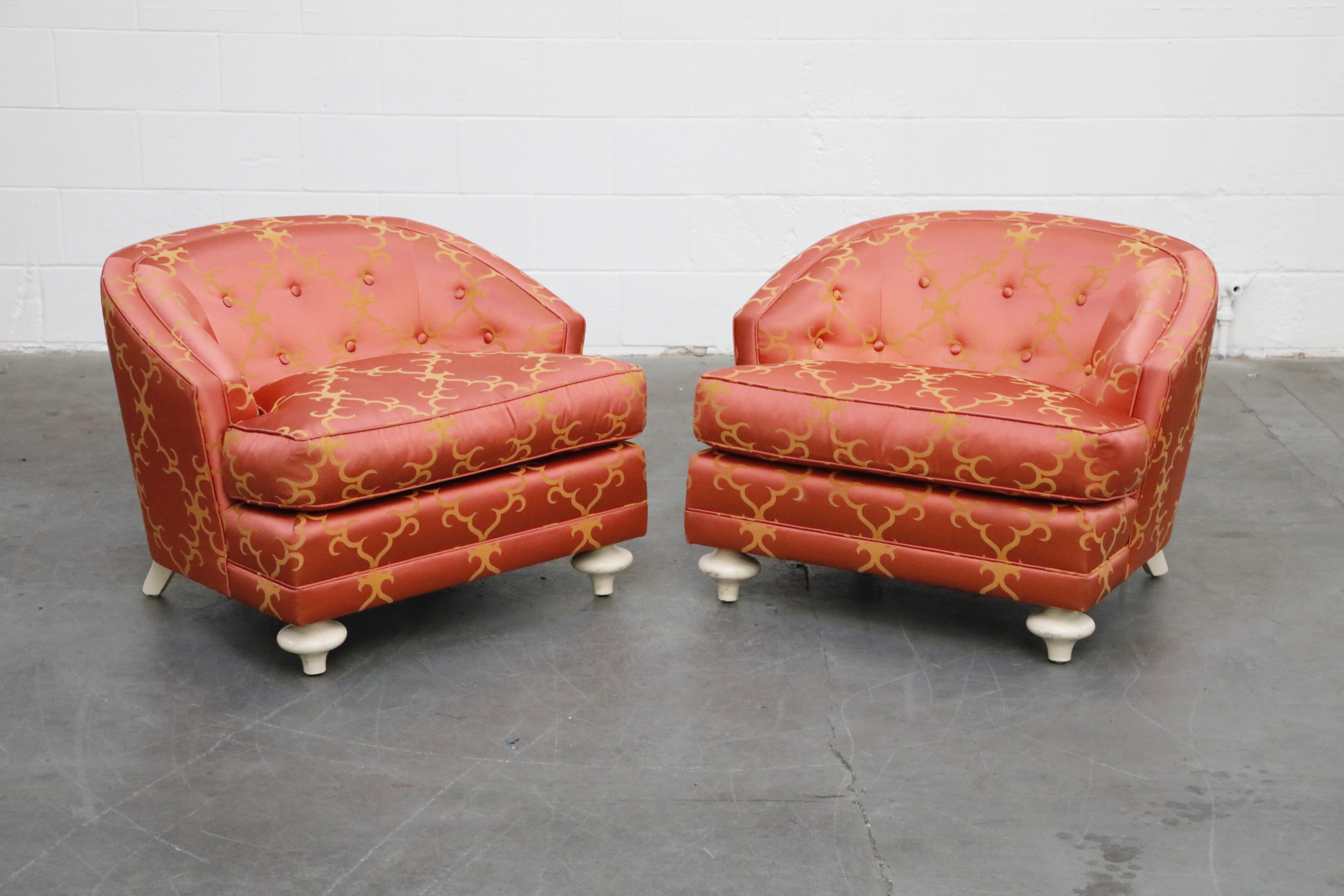 American James Mont Styled Pair of Tufted Silk Club Chairs