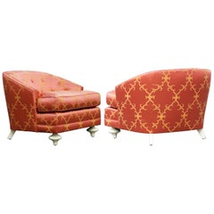 Vintage James Mont Styled Pair of Tufted Silk Club Chairs