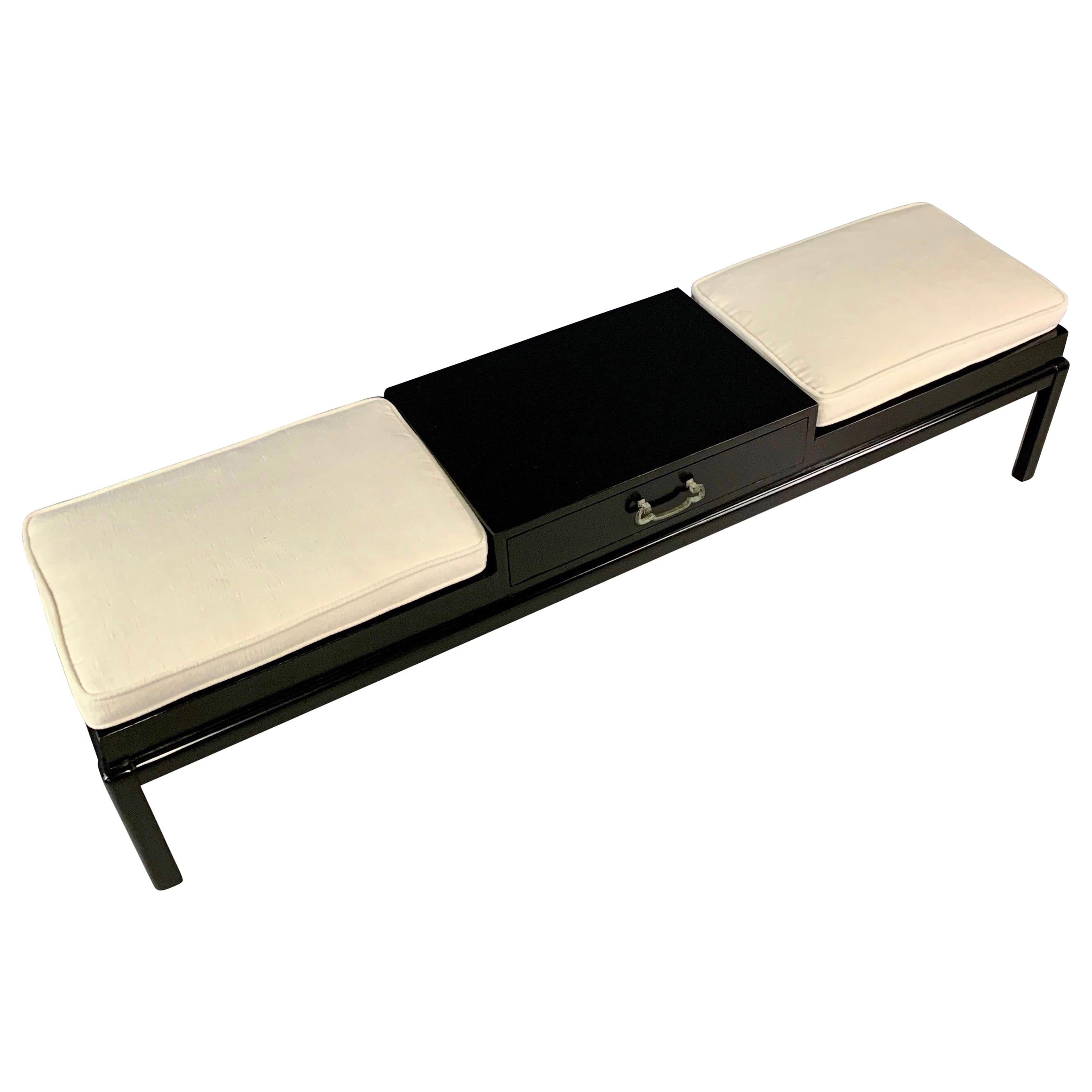 James Mont Upholstered Bench with Patinated Brass Pull Midcentury