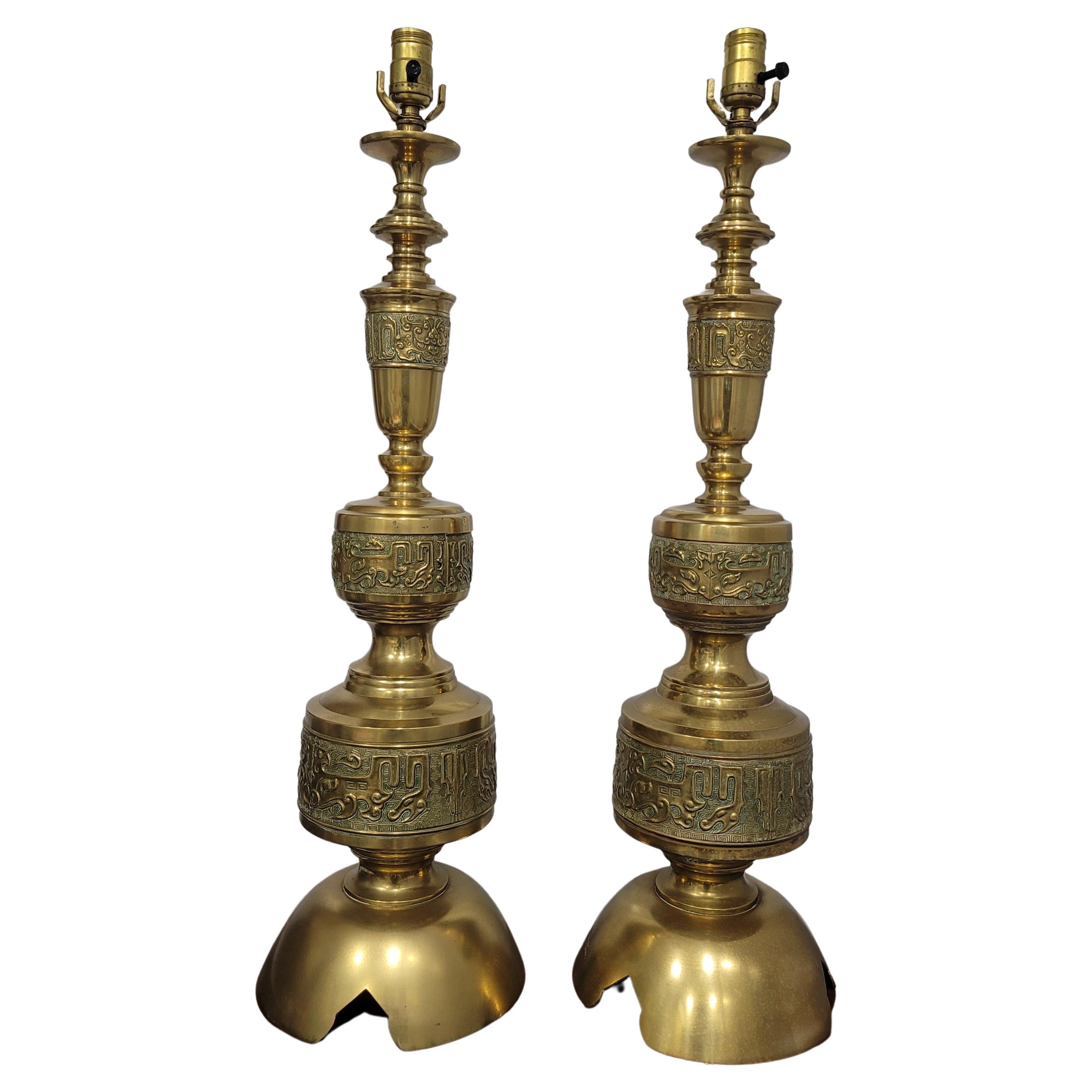 Mid-Century Modern James Mont Vintage Intricately Carved Cast Brass Table Lamps, Pair
