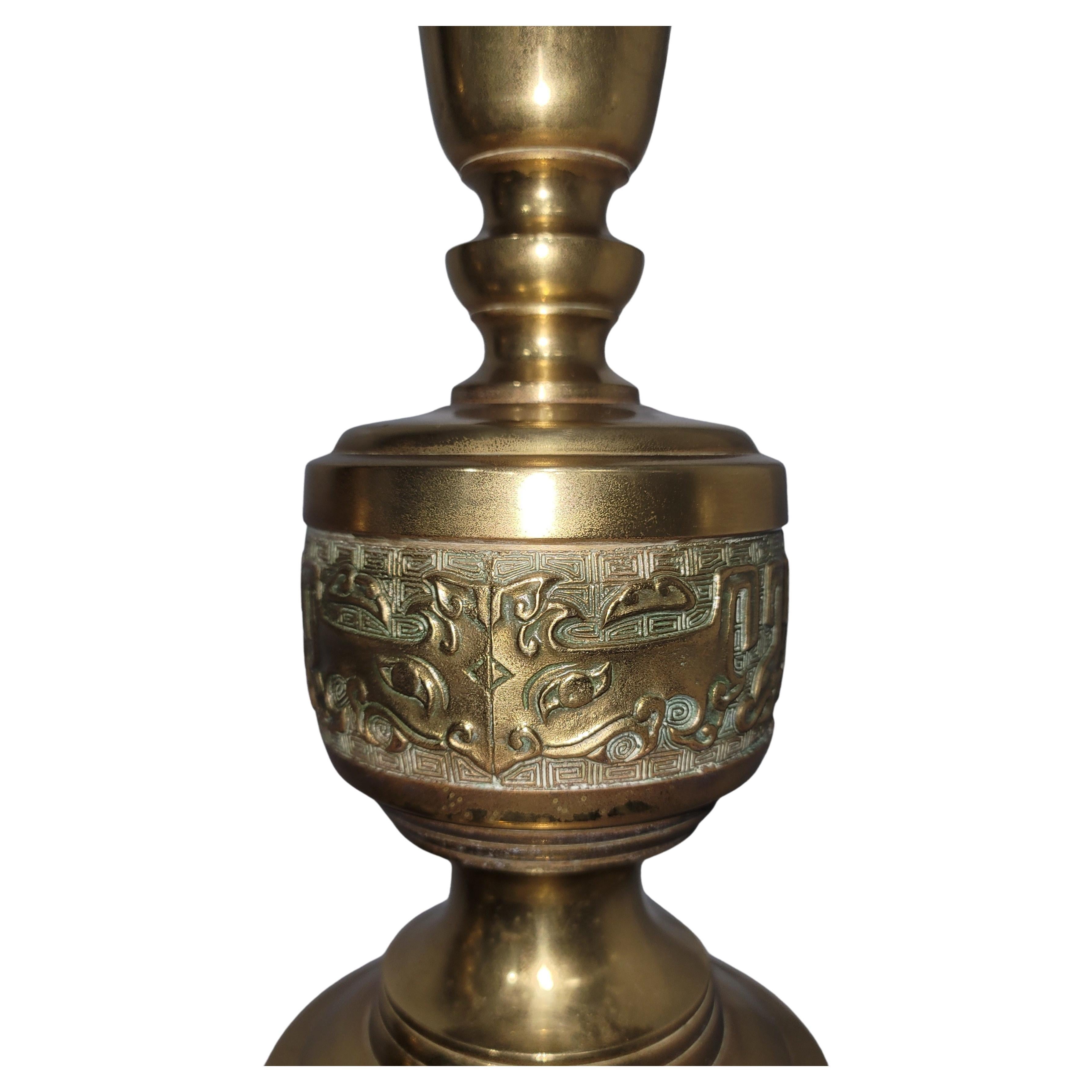 James Mont Vintage Intricately Carved Cast Brass Table Lamps, Pair In Good Condition In Germantown, MD