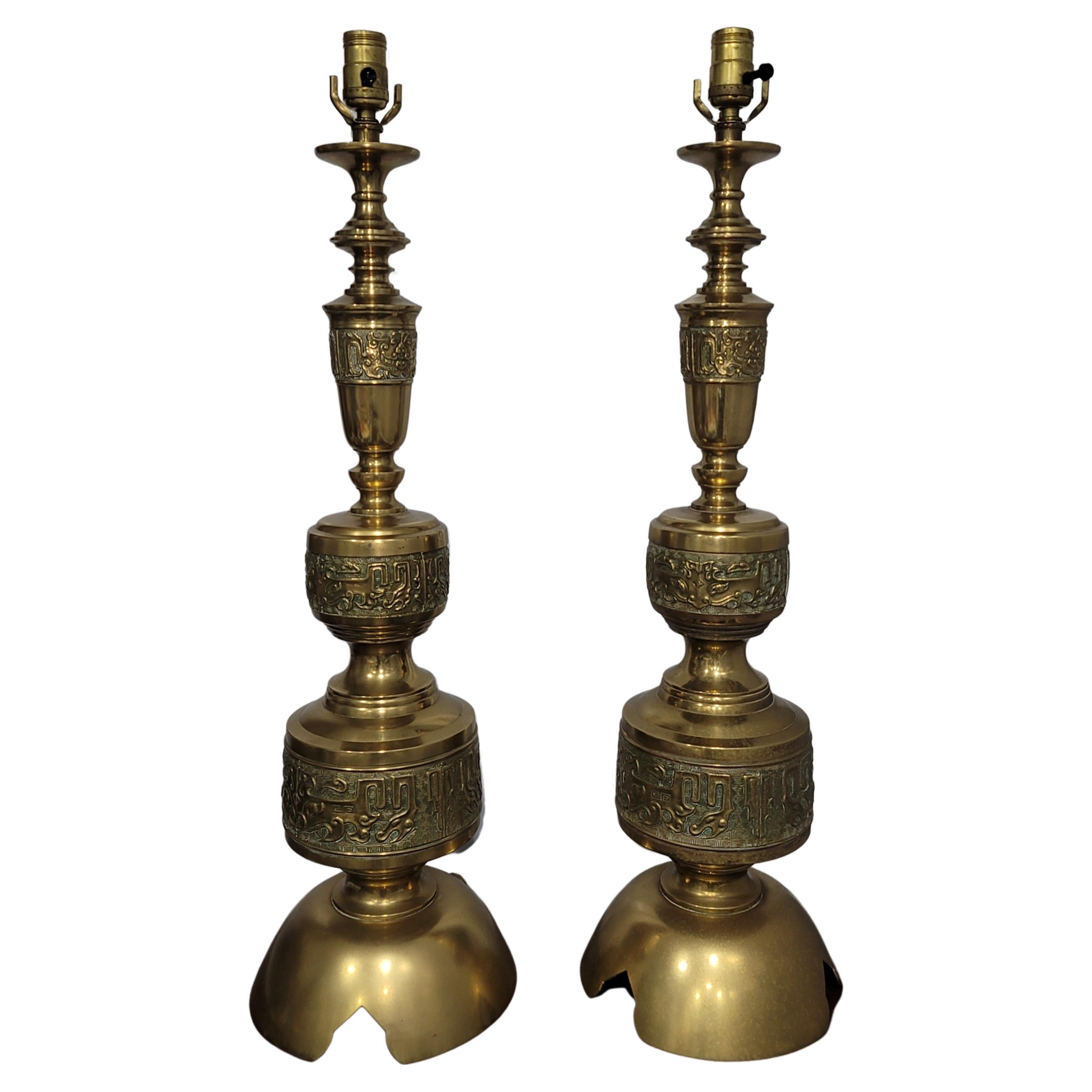 James Mont Vintage Intricately Carved Cast Brass Table Lamps, Pair 3