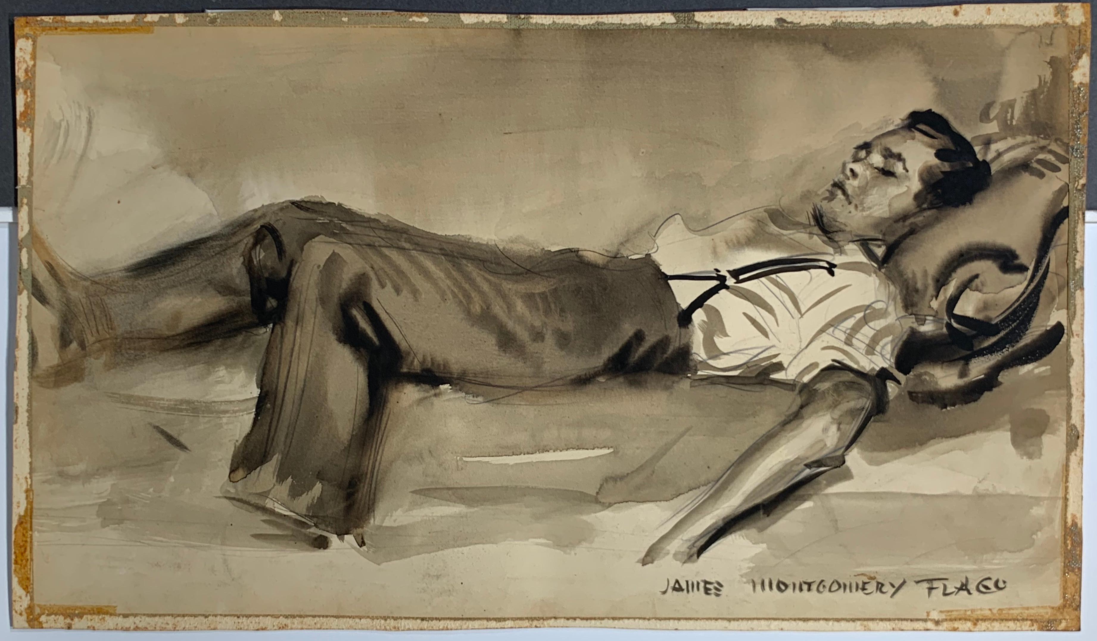 Portrait of F. Scott Fitzgerald napping - Brown Figurative Painting by James Montgomery Flagg