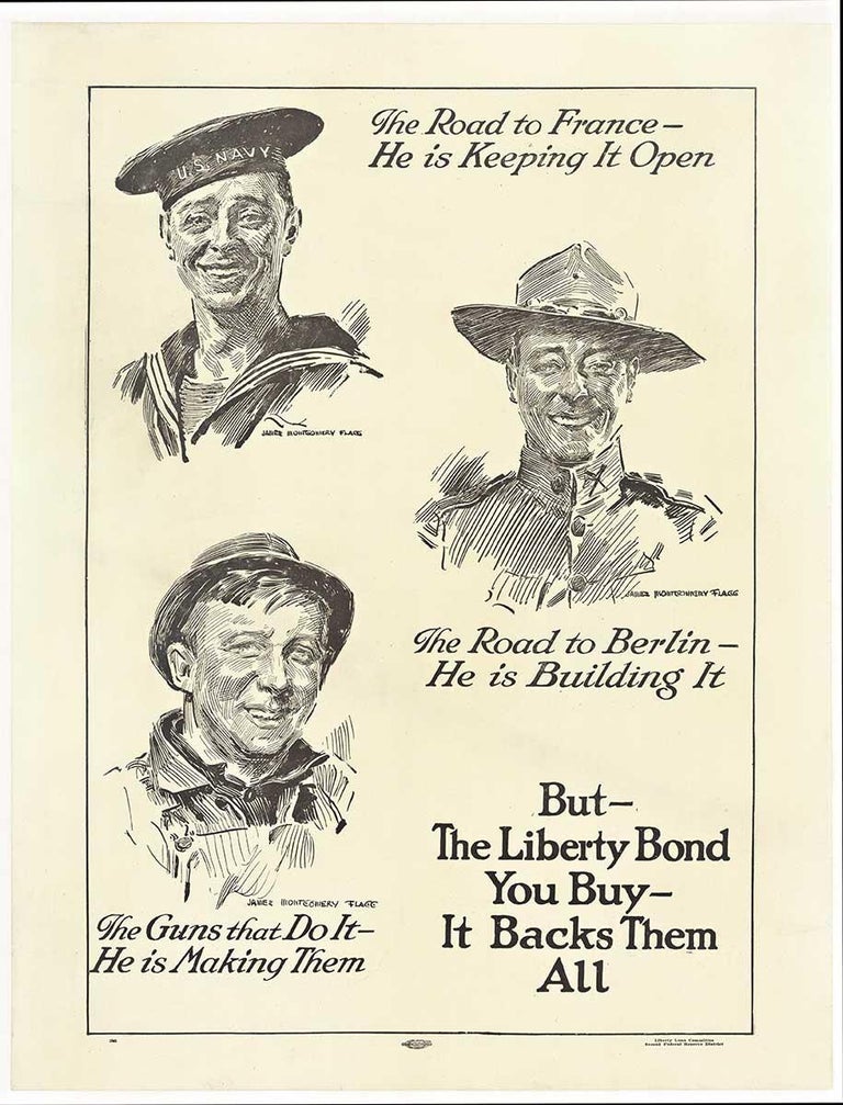 James Montgomery Flagg Portrait Print - The Liberty Bond You Buy It Backs Them All original World War 1 vintage poster