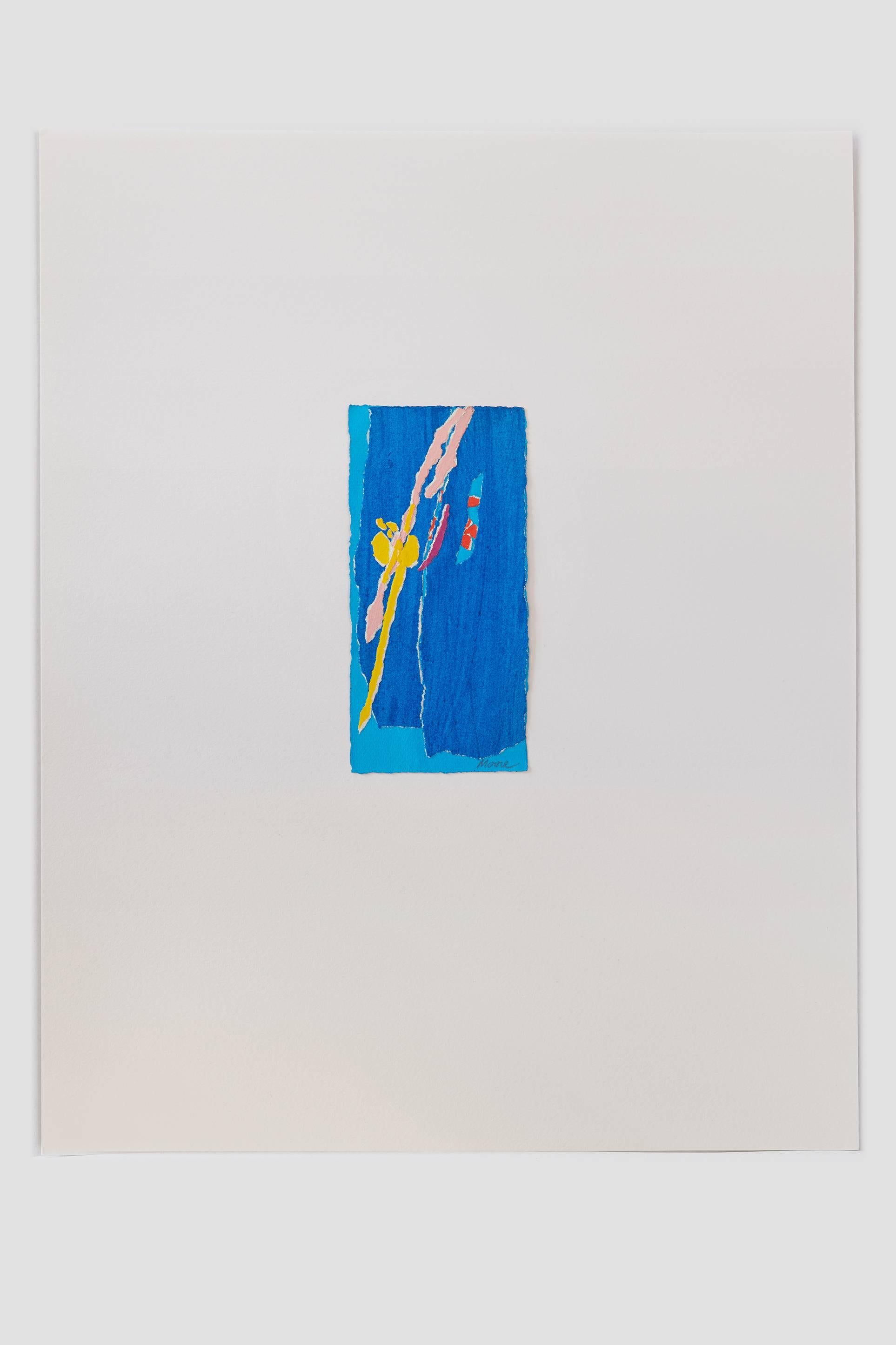 Untitled III (blue), paint on paper, 20 x 16 inches. Blue and yellow rectangle - Abstract Mixed Media Art by James Moore