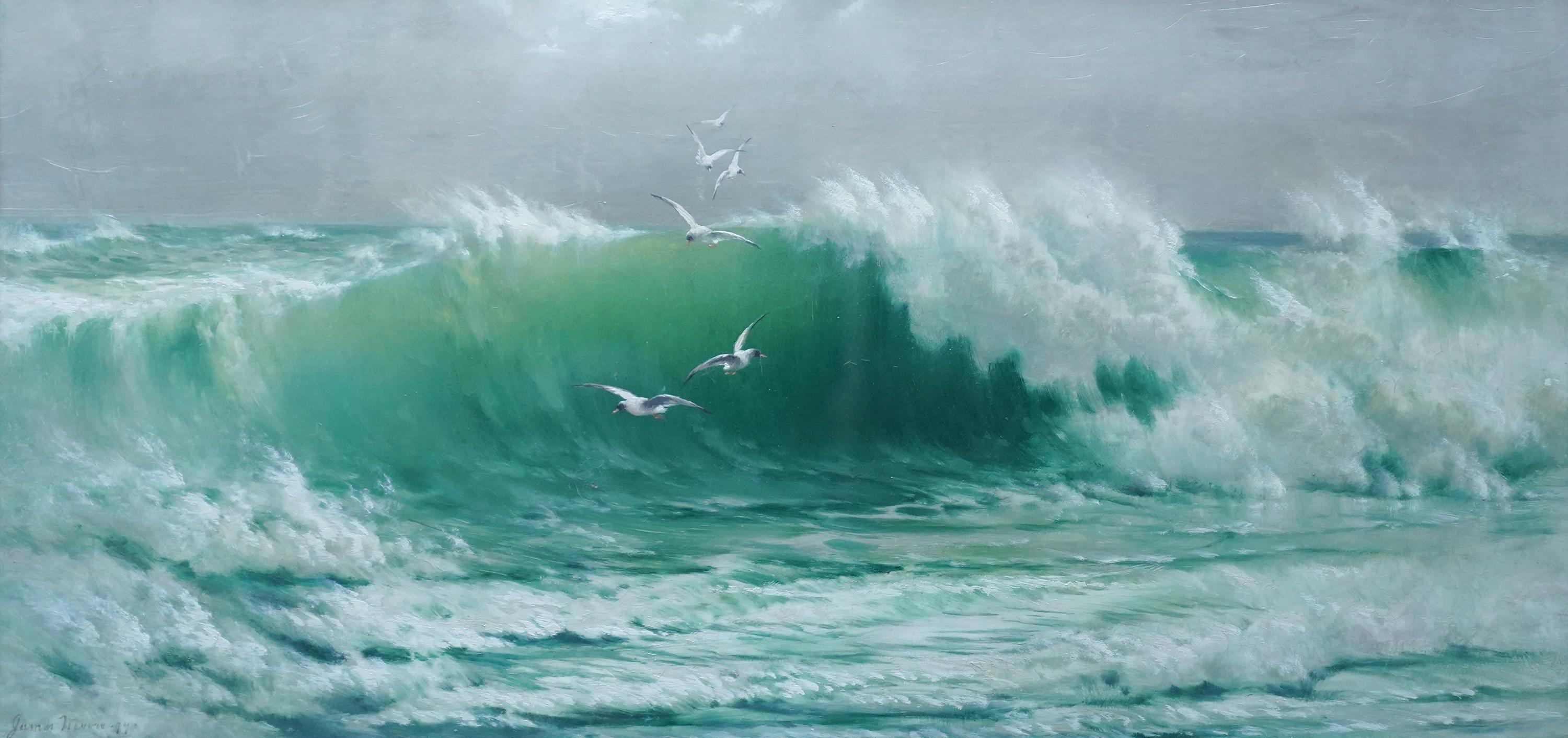 Seascape with Gulls - British Victorian art marine oil painting waves - Painting by James Moore