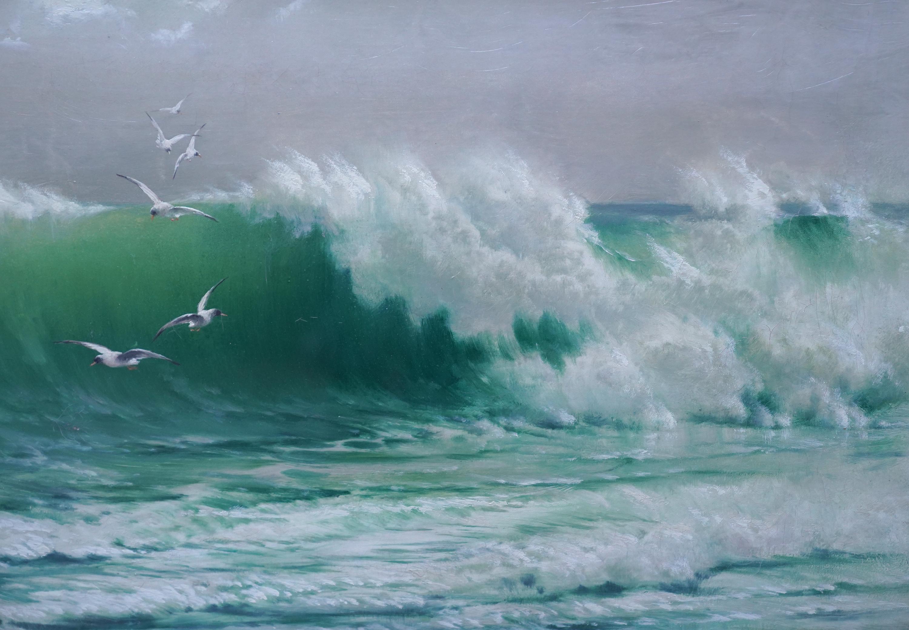 This stunning British Victorian seascape oil painting is by noted artist James Moore. Painted circa 1879 it is a magnificent close up of huge waves breaking on the shore with gulls over head and a grey sky beyond. Moore has perfectly caught part of