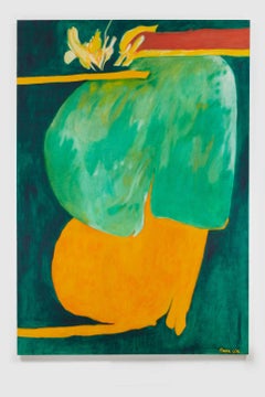 Untitled I (Green Orange), acrylic on canvas painting, bold abstract forms