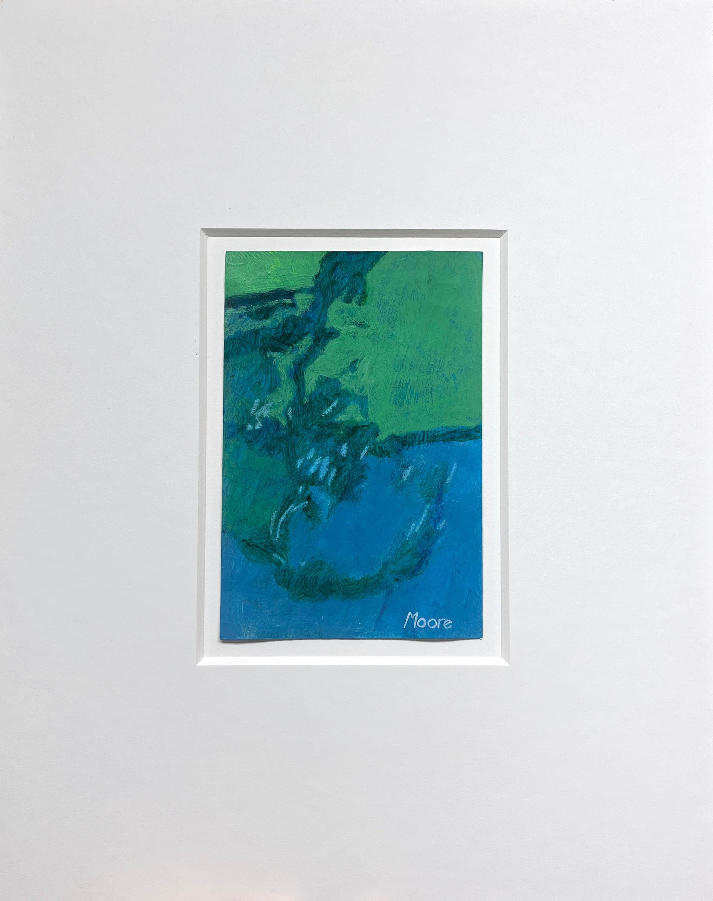Untitled V (II) (abstract, patterns, blue, green, abstract landscape, miniature) - Painting by James Moore