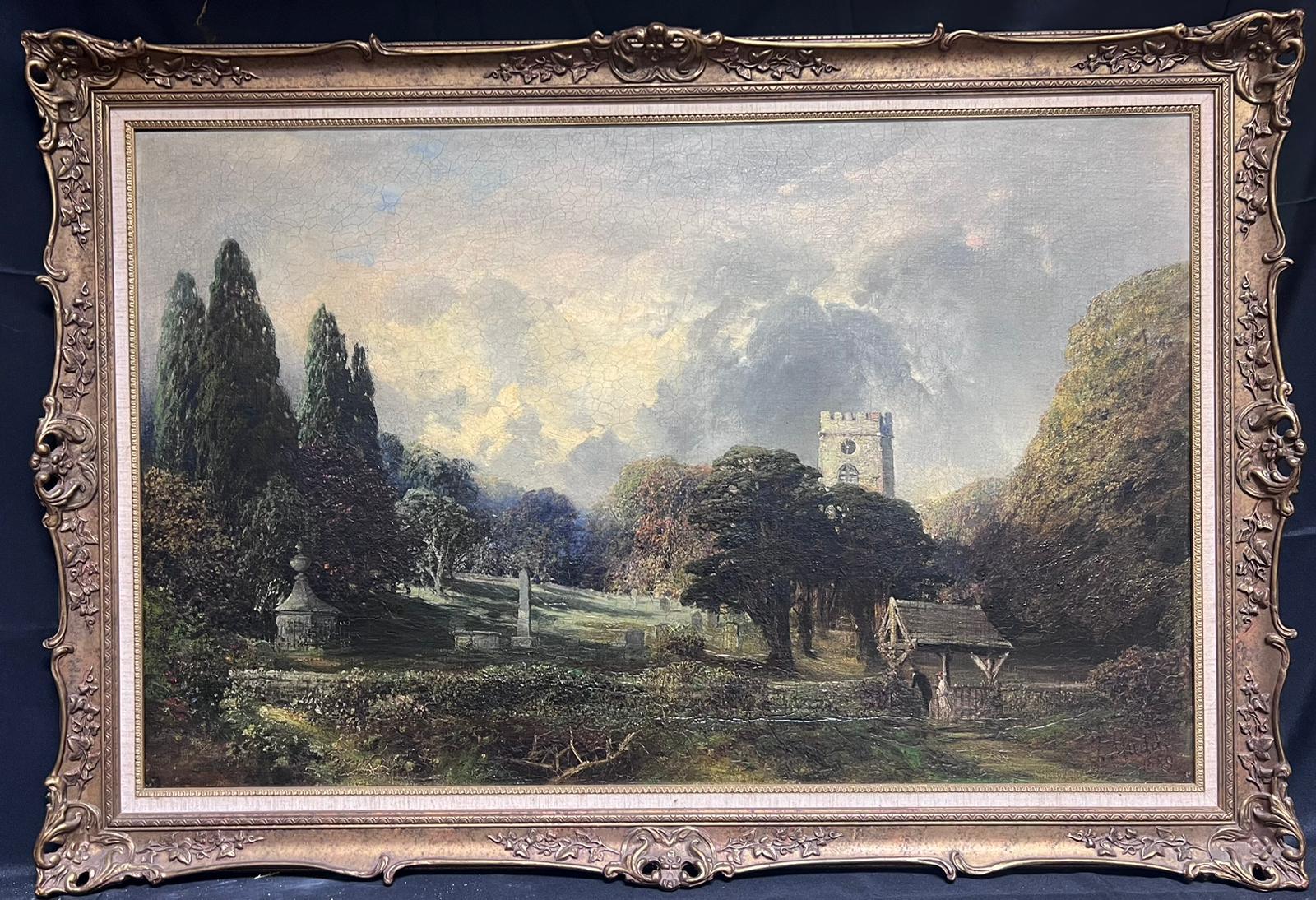 Fine large Victorian Signed English Oil Figures Entering Country Churchyard  - Painting by James Mudd