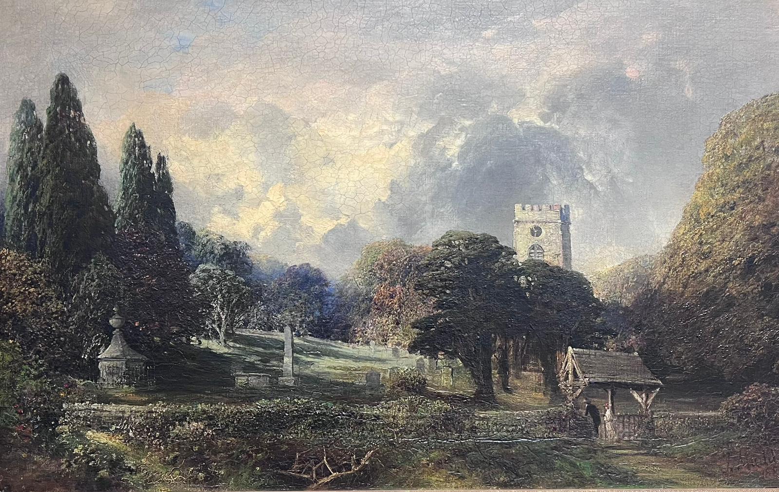 James Mudd Landscape Painting - Fine large Victorian Signed English Oil Figures Entering Country Churchyard 