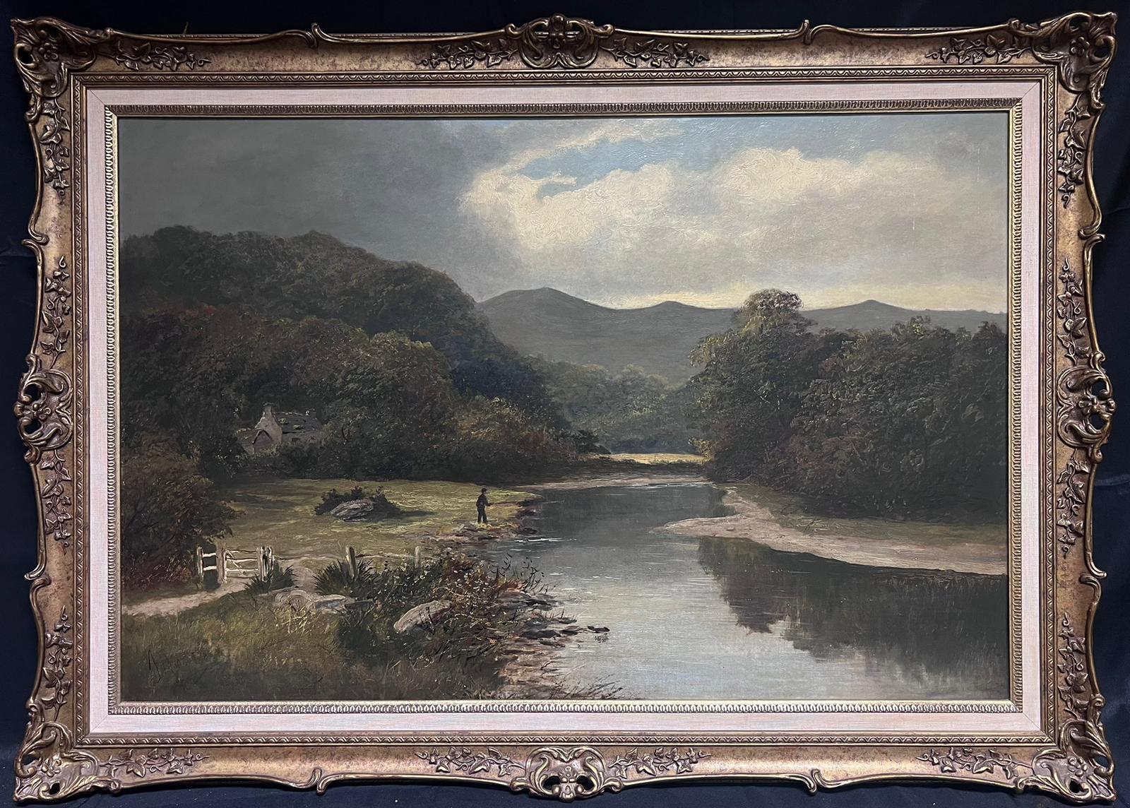 Fine Large Victorian Signed Oil Fisherman in Highland River Landscape1880's - Painting by James Mudd