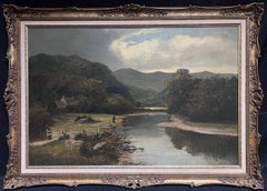 Fine Large Victorian Signed Oil Fisherman in Highland River Landscape1880's
