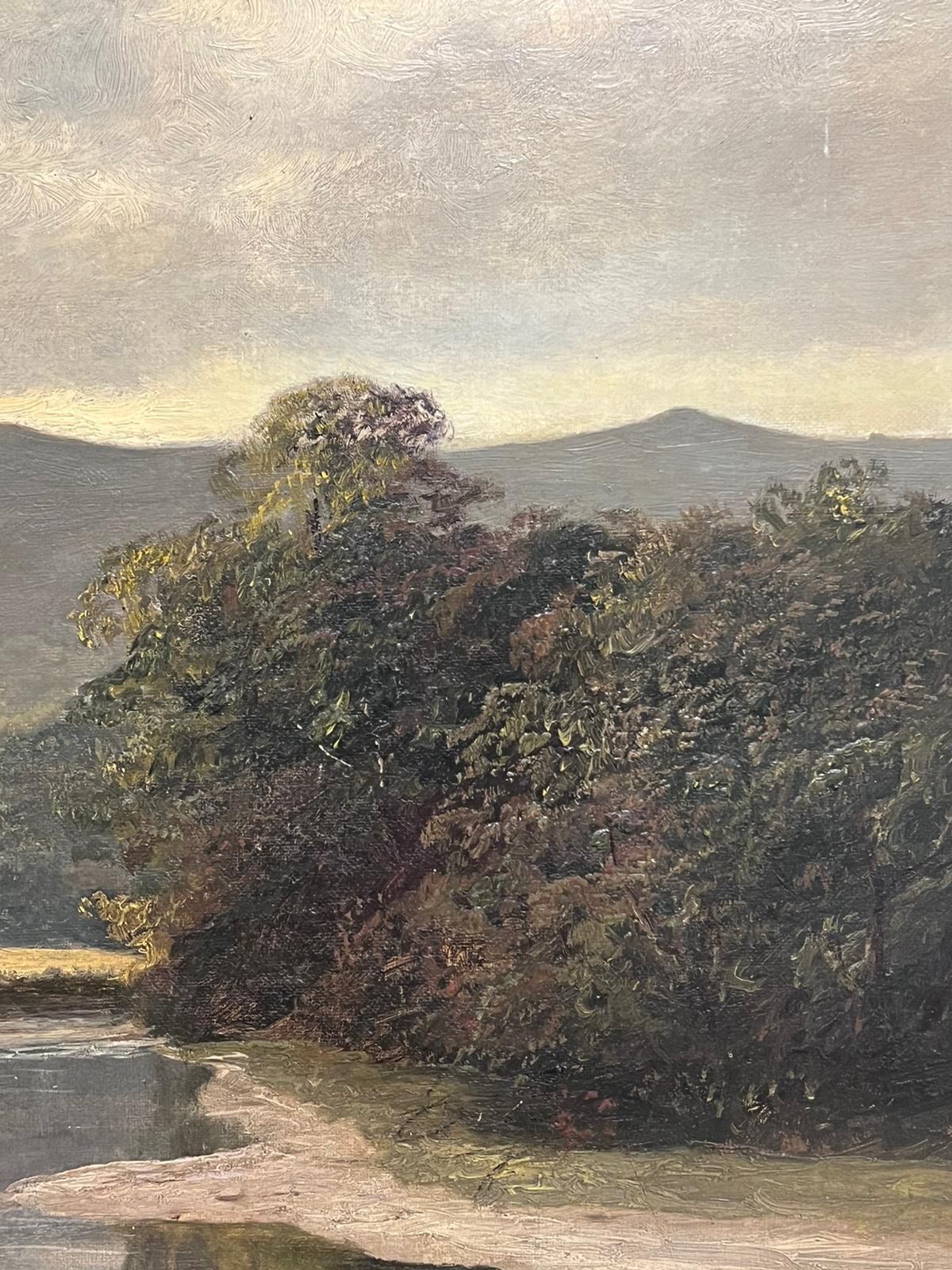 Fine Large Victorian Signed Oil Fisherman in Highland River Landscape1880's For Sale 2