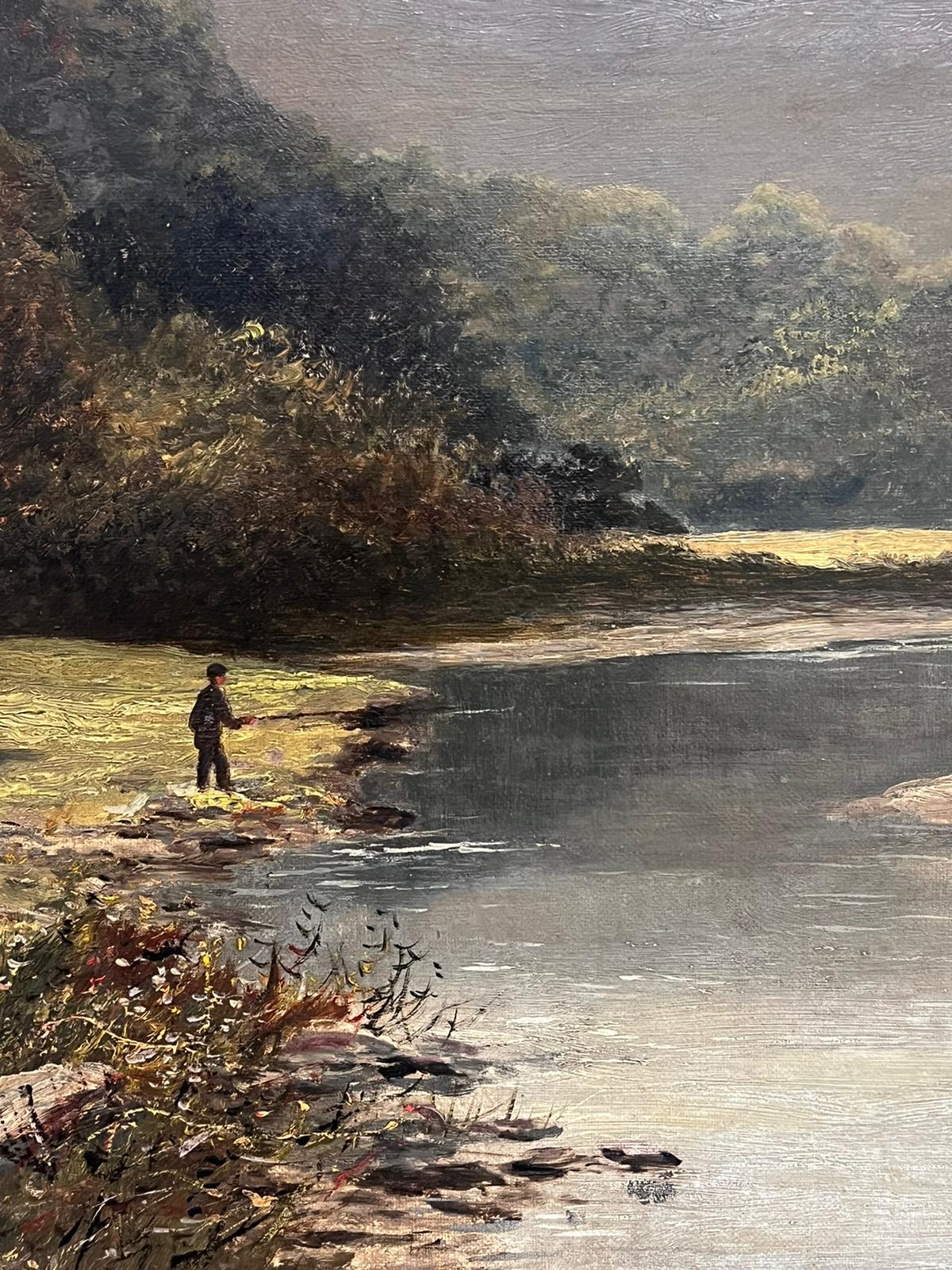 Fine Large Victorian Signed Oil Fisherman in Highland River Landscape1880's For Sale 3