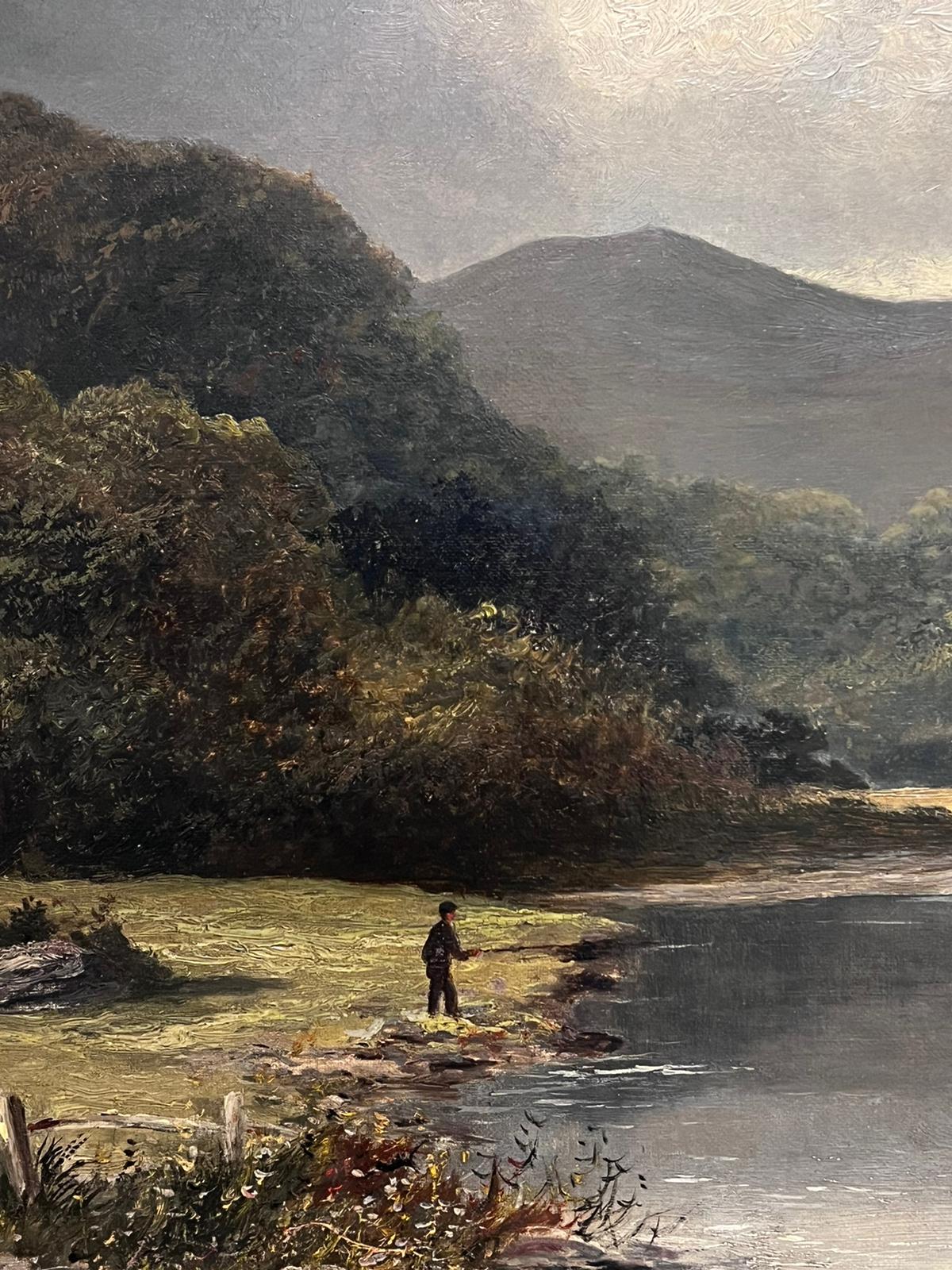 Fine Large Victorian Signed Oil Fisherman in Highland River Landscape1880's For Sale 6