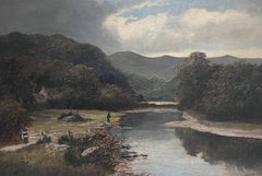Fine Large Victorian Signed Oil Fisherman in Highland River Landscape1880's