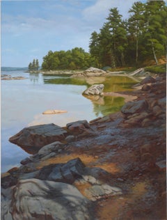 "Blue Hill Bay, " painting of rocky shoreline, trees and water