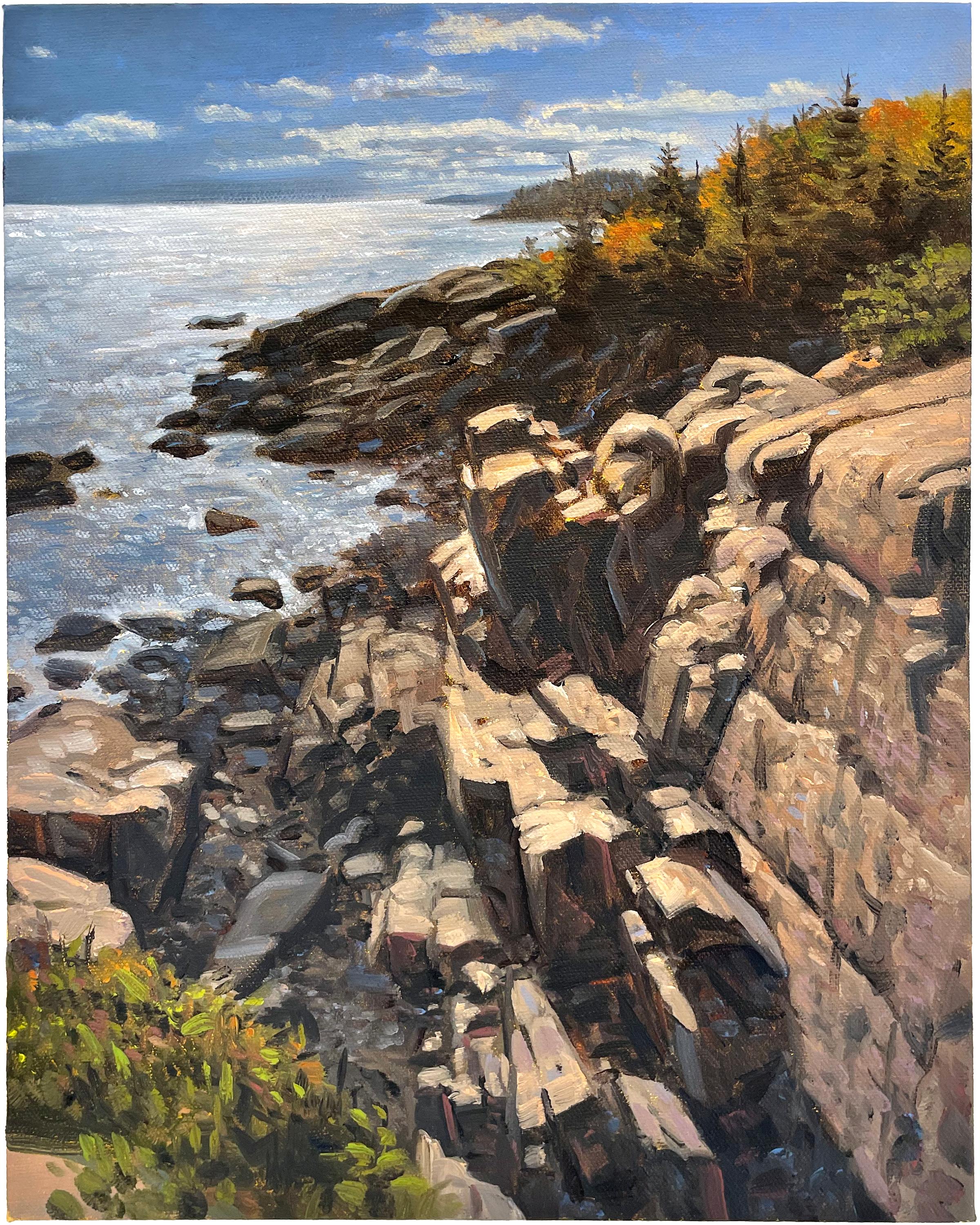 James Mullen Landscape Painting - "Maine #33 (Park Loop), " painting of Acadia National Park, cliffs and sea