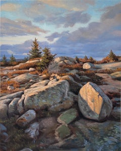"Maine #34 (Cadillac)" painting of Cadillac mountain, rocks trees and sky