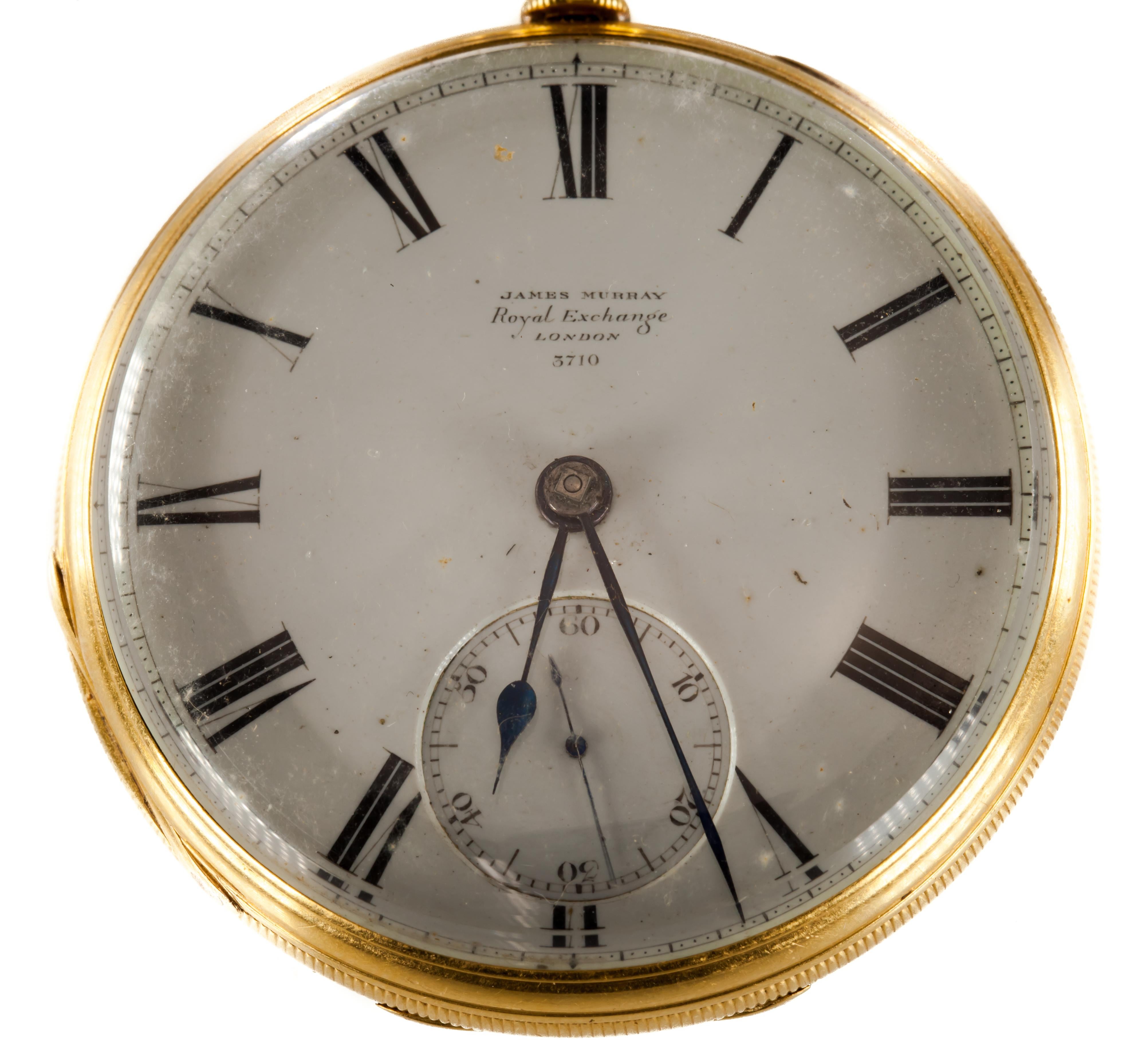 Gorgeous Pocket Watch by James Murray Royal Exchange
Key-Operated Movement (NOTE: Key is missing)
18k Yellow Gold Machine-Turned Case
46 mm in Diameter
15 mm Thick
Year of Manufacture: 1849
Total Mass = 103.2 grams
Gorgeous Antique Piece!