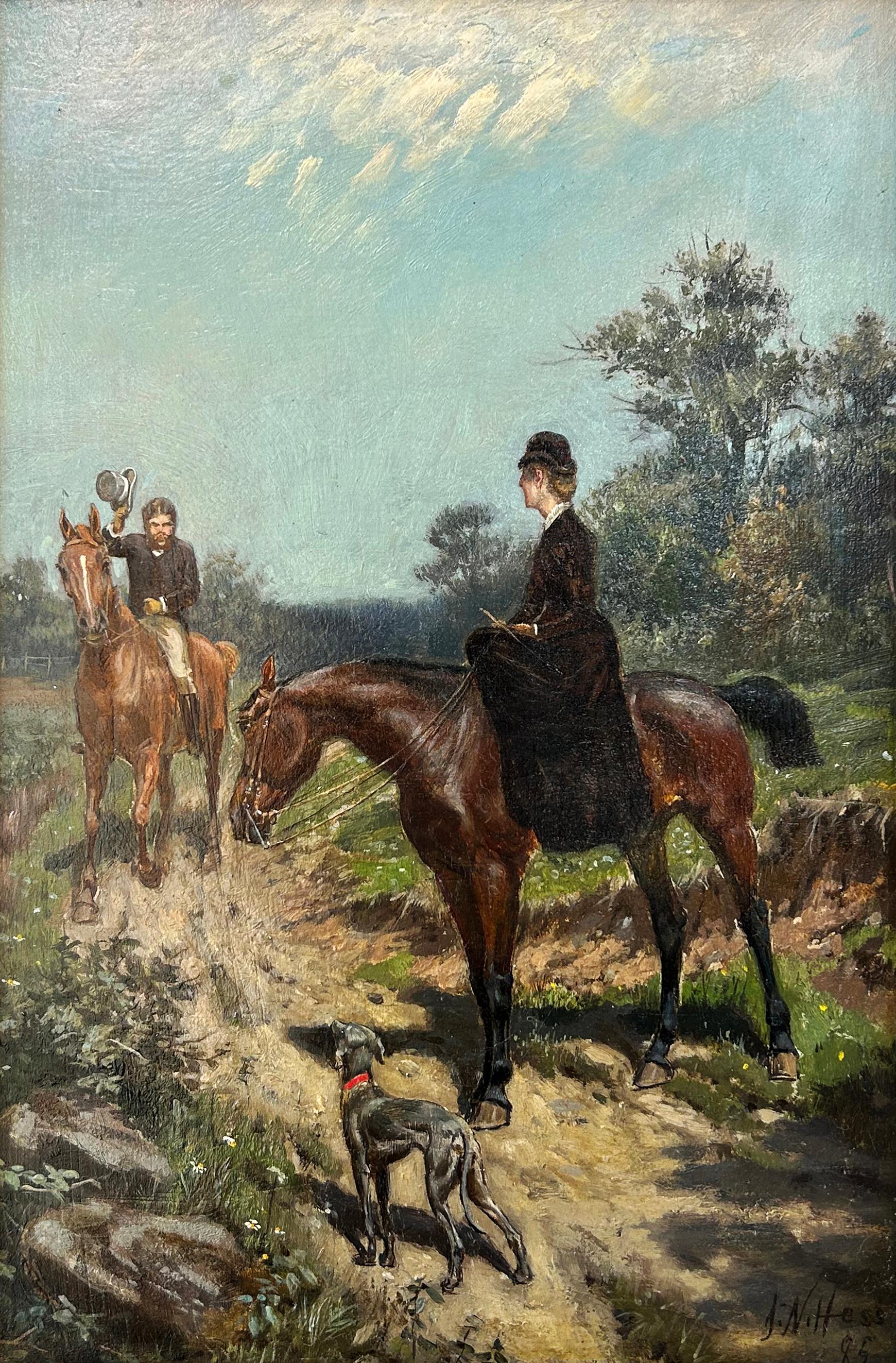 Cavalcata pomeridiana, coppia di dipinti di paesaggi equestri di cavalli con cavalieri - Painting di James N Hess