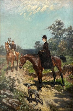 Afternoon Ride, Pair of Equestrian Landscape Paintings of Horses with Riders
