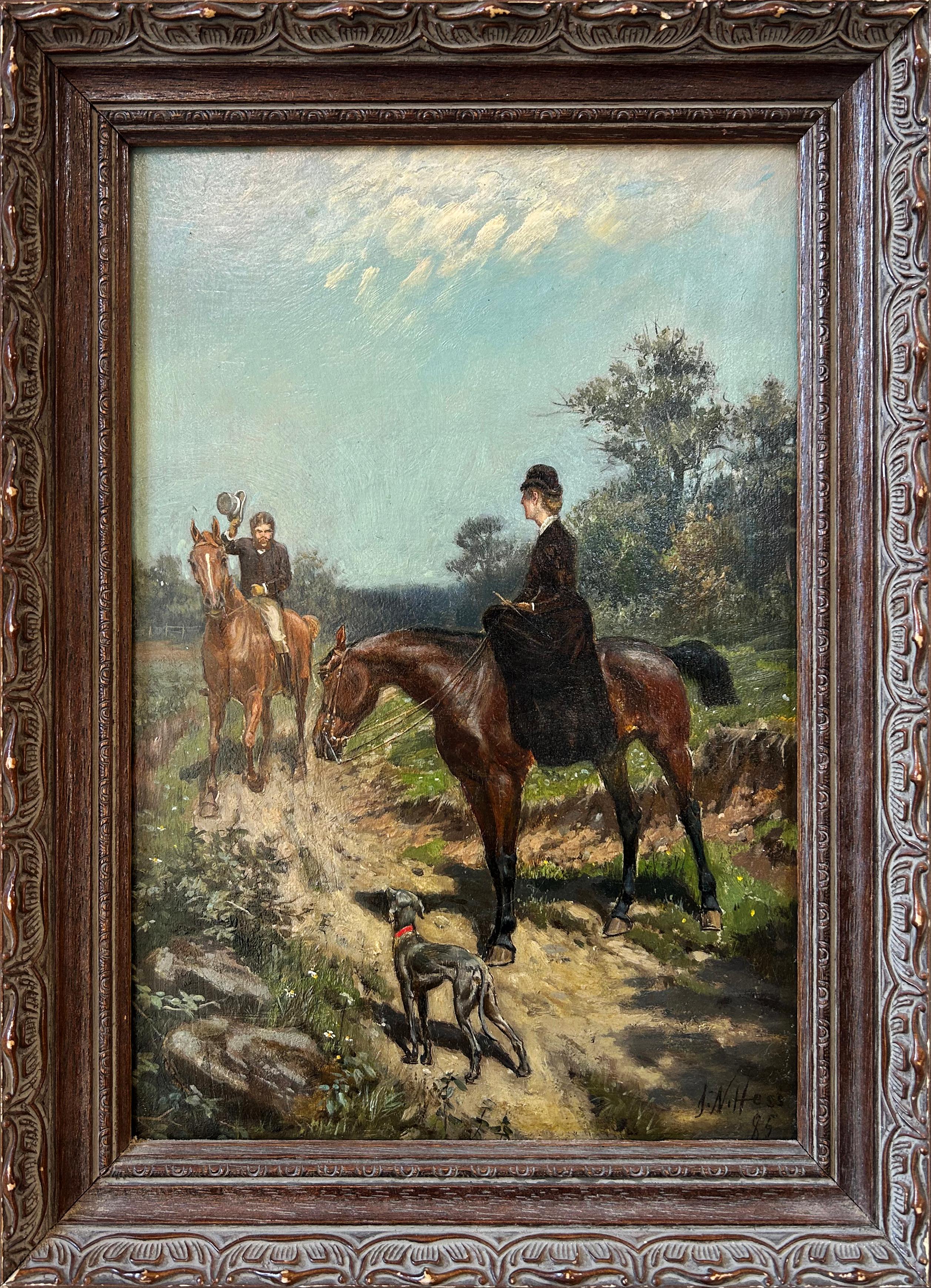 Cavalcata pomeridiana, coppia di dipinti di paesaggi equestri di cavalli con cavalieri - Painting Realismo americano di James N Hess