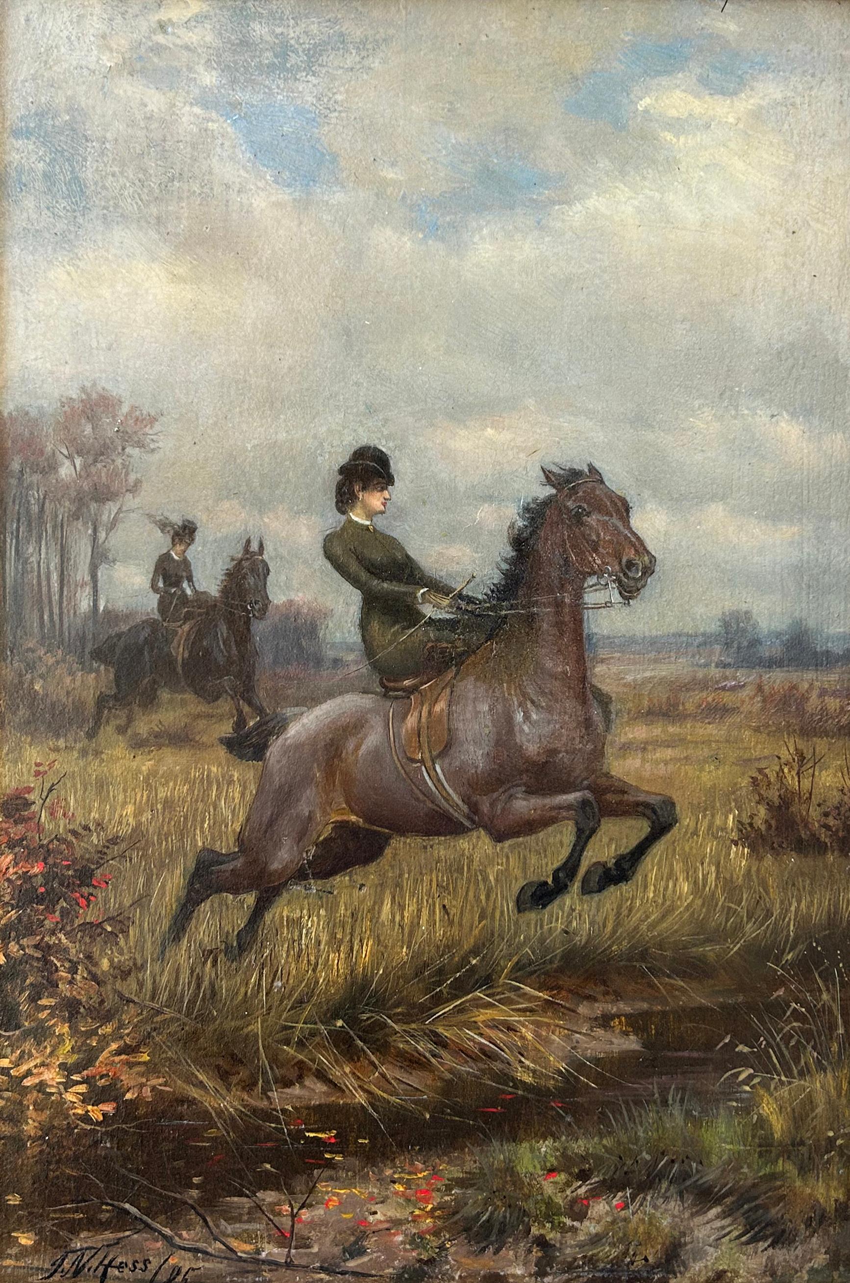 Cavalcata pomeridiana, coppia di dipinti di paesaggi equestri di cavalli con cavalieri - Landscape Painting Grigio di James N Hess