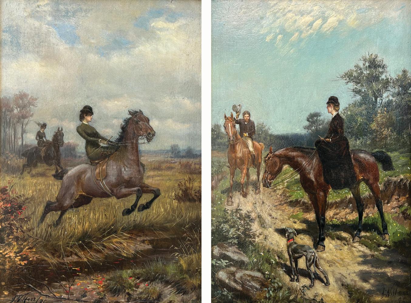 Chevauchée de l'après-midi, paire de peintures de paysages équestres représentant des chevaux avec des cavaliers