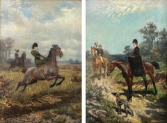 Paseo vespertino, Pareja de cuadros de paisajes ecuestres de caballos con jinetes