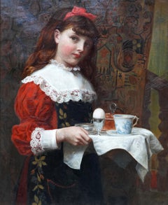 Porträt eines Mädchens mit Frühstückstablett - Ölgemälde der britischen viktorianischen Kunst