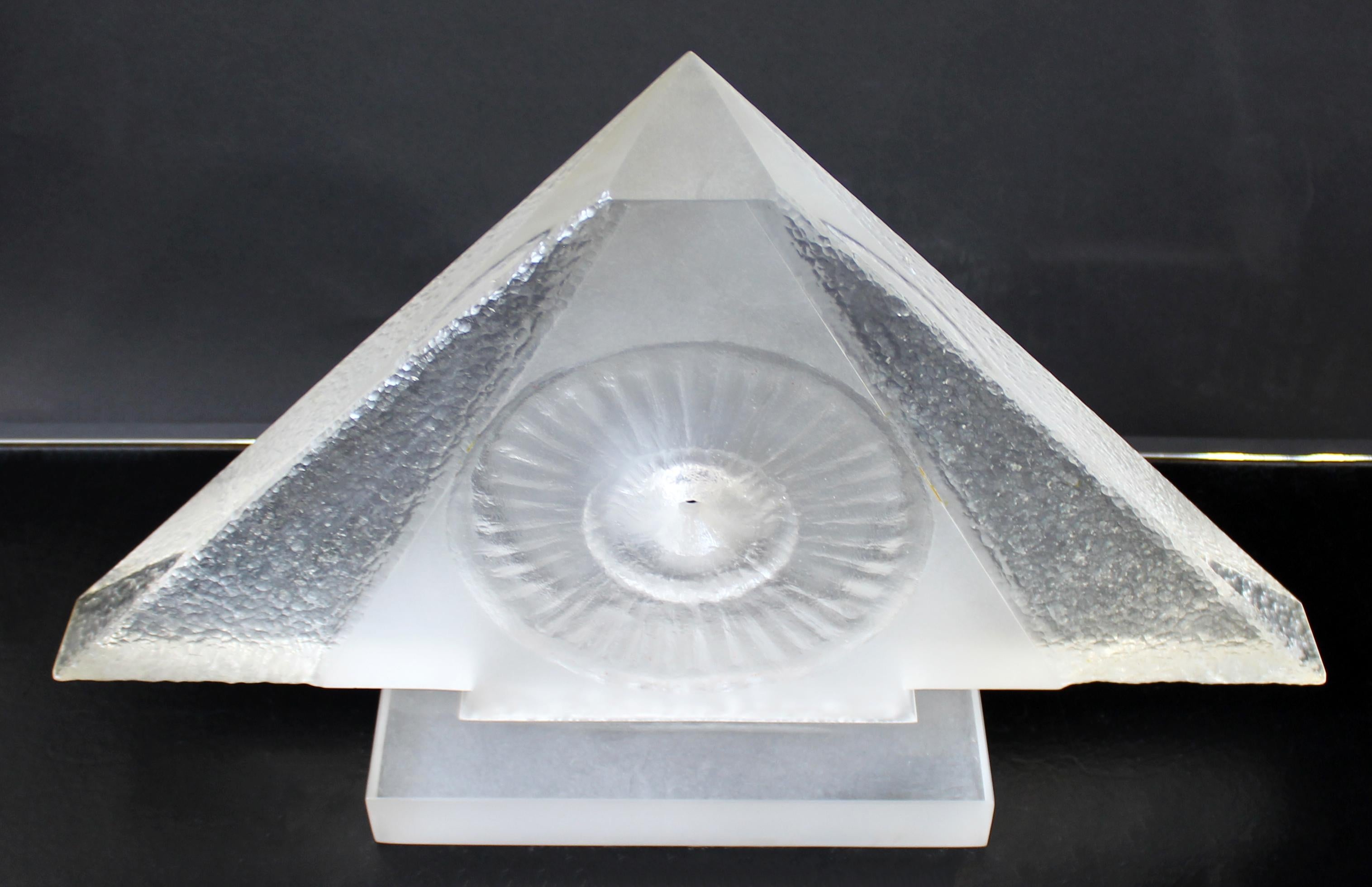 For your consideration is a compelling contemporary pyramid lucite sculpture signed Nani (13 x 22). James Nani (1926-2016) was a Detroit artist for over 50 years and is known internationally for his metal and acrylic sculptures. His work is