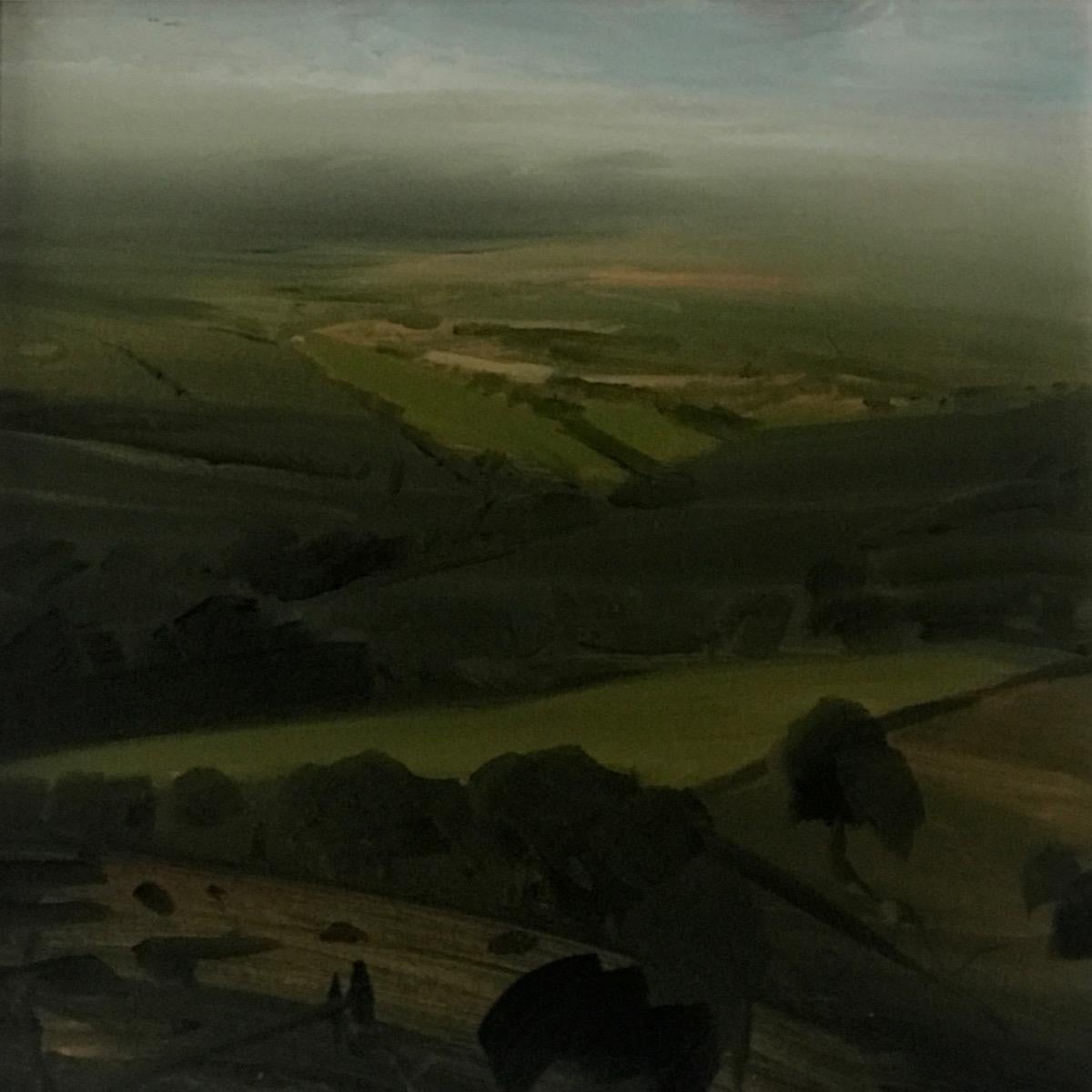 James Naughton Landscape Painting - Hills In Mist, Original painting, Landscape, Nature, Birds view, Lake, Hills 